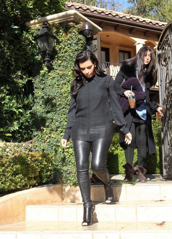 Kim Kardashian In Leather Pants leaves her house in Beverly Hills