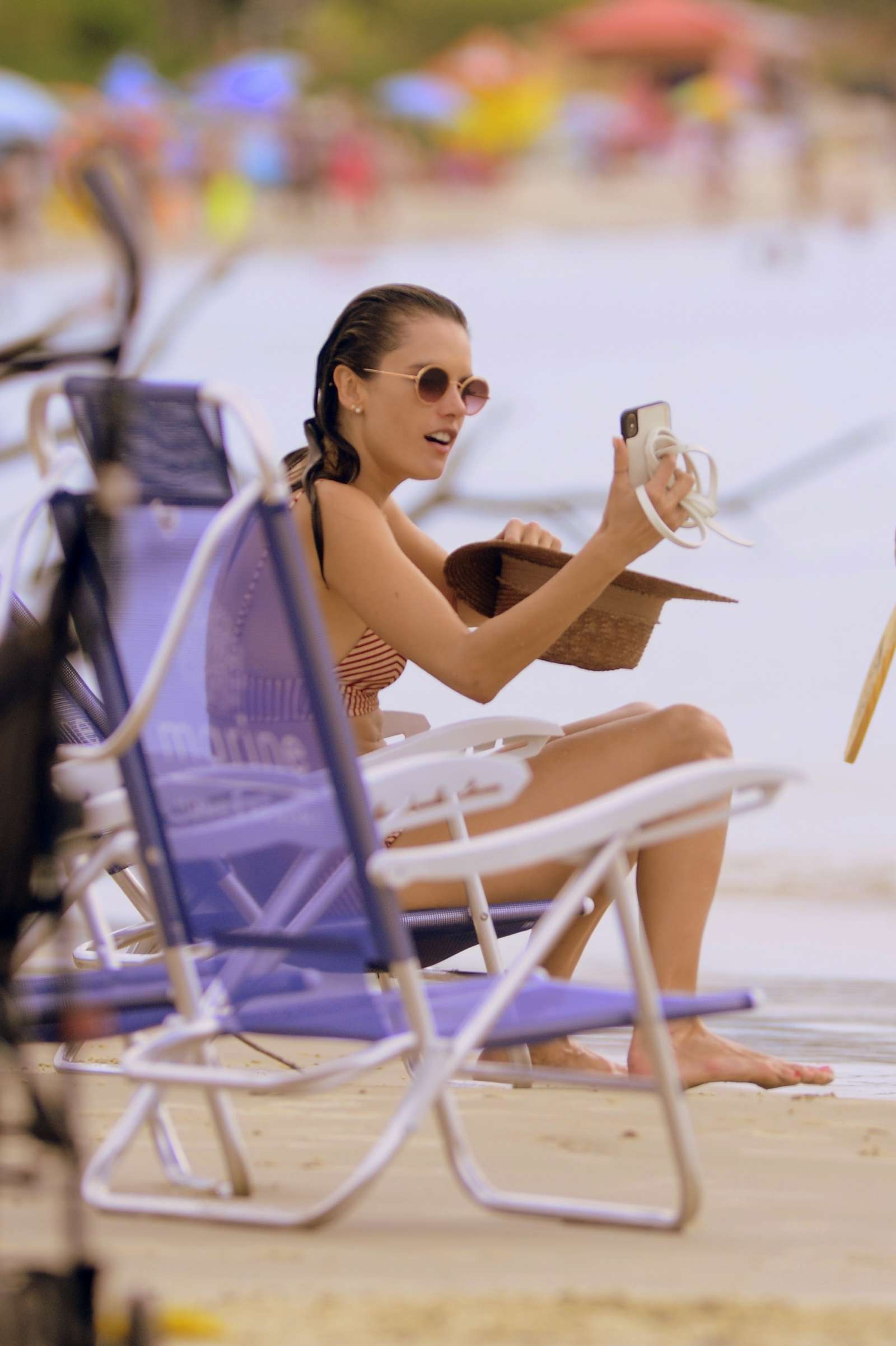 Alessandra Ambrosio in Red and White Bikini at a beach in Brazil