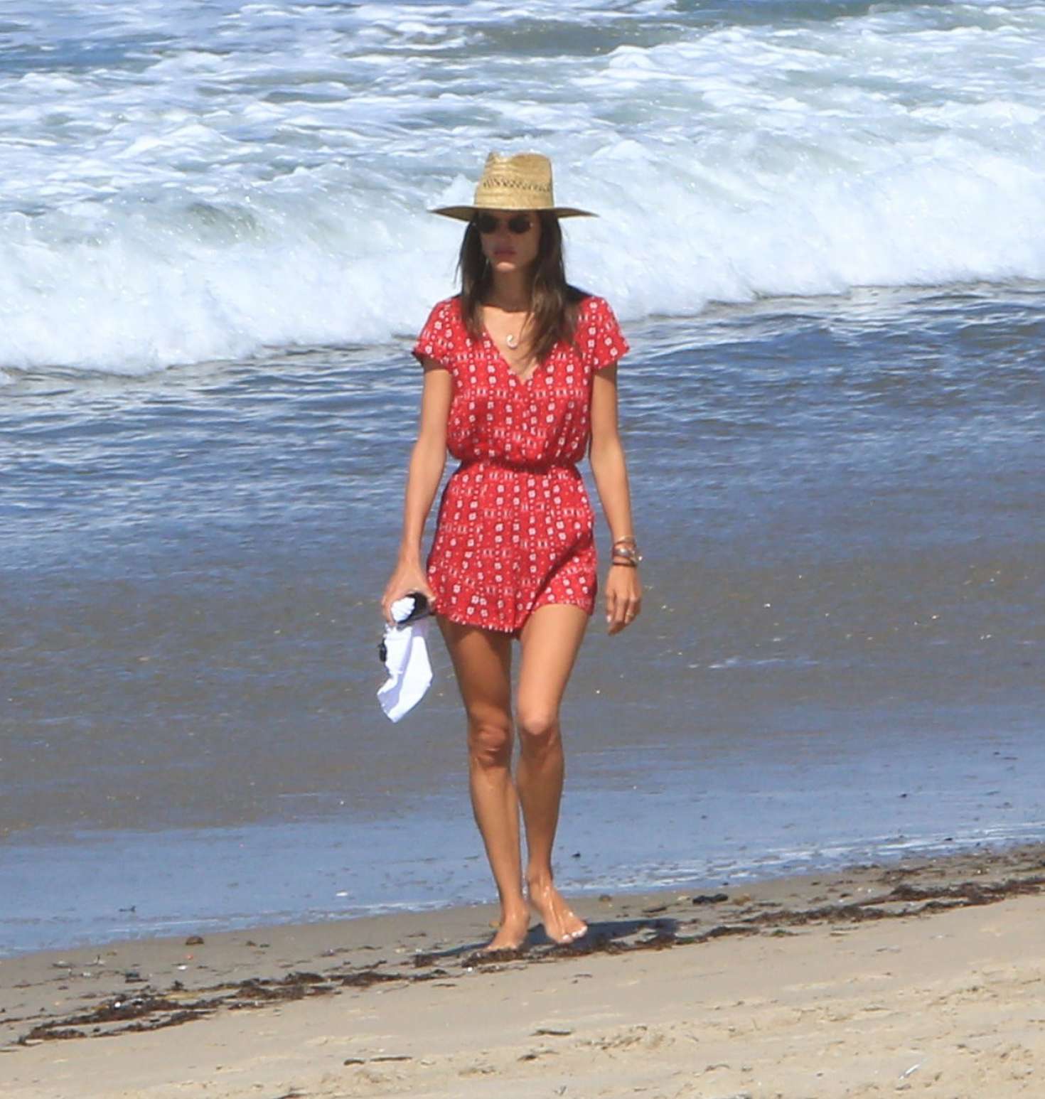 Alessandra Ambrosio in Red on the beach in Malibu