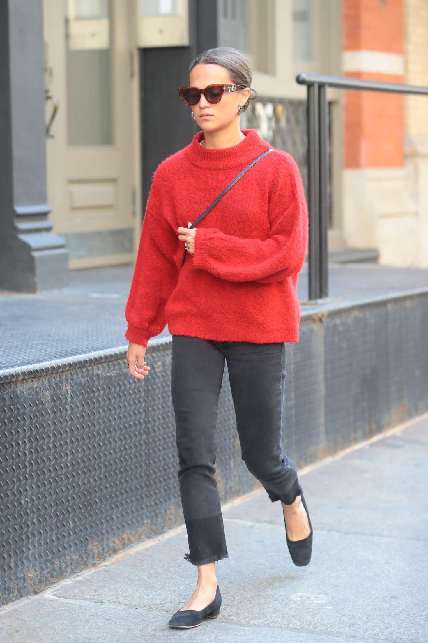 Alicia Vikander in Red Sweaters out in New York City