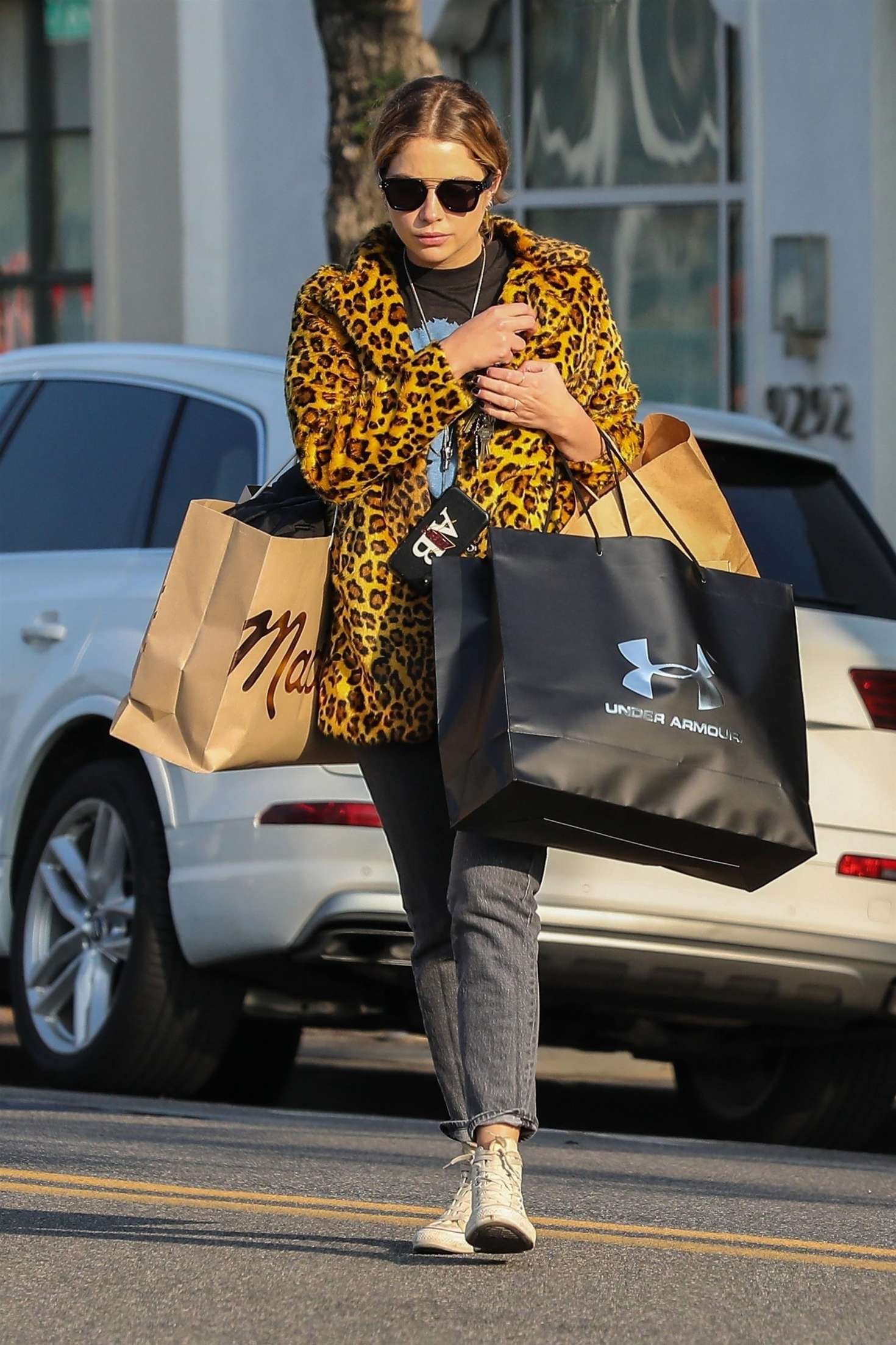 Ashley Benson in Animal Print Jacket â€“ Shopping in Beverly Hills