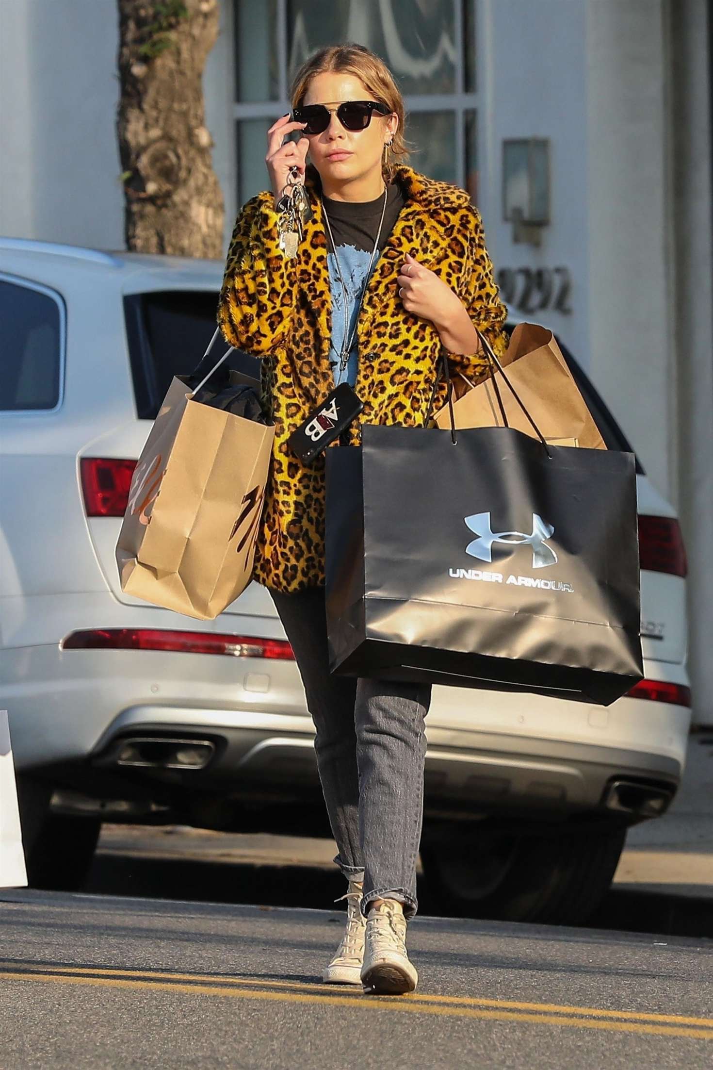 Ashley Benson in Animal Print Jacket â€“ Shopping in Beverly Hills