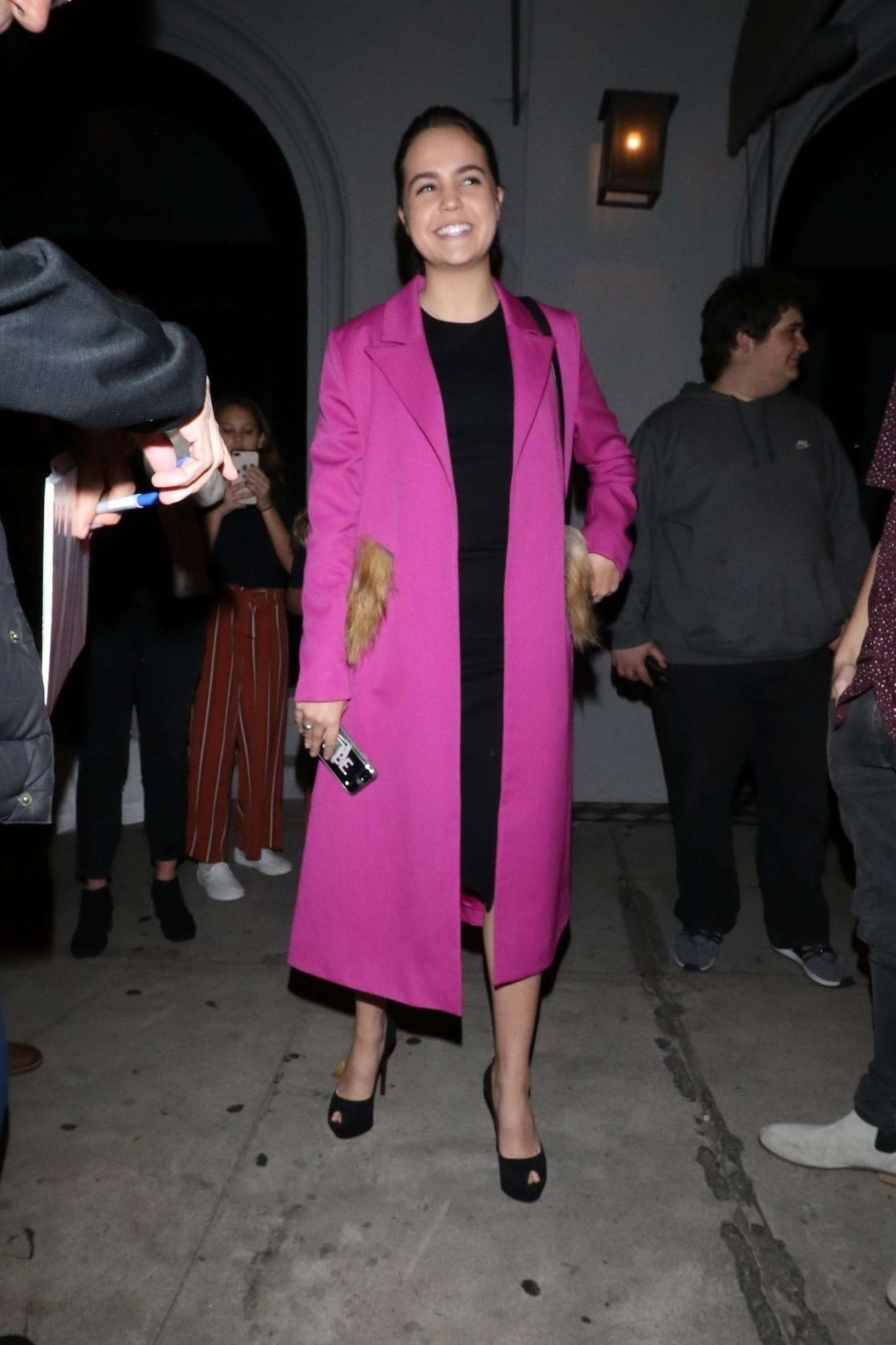 Bailee Madison Pink Coat at Craigâ€™s Restaurant in West Hollywood