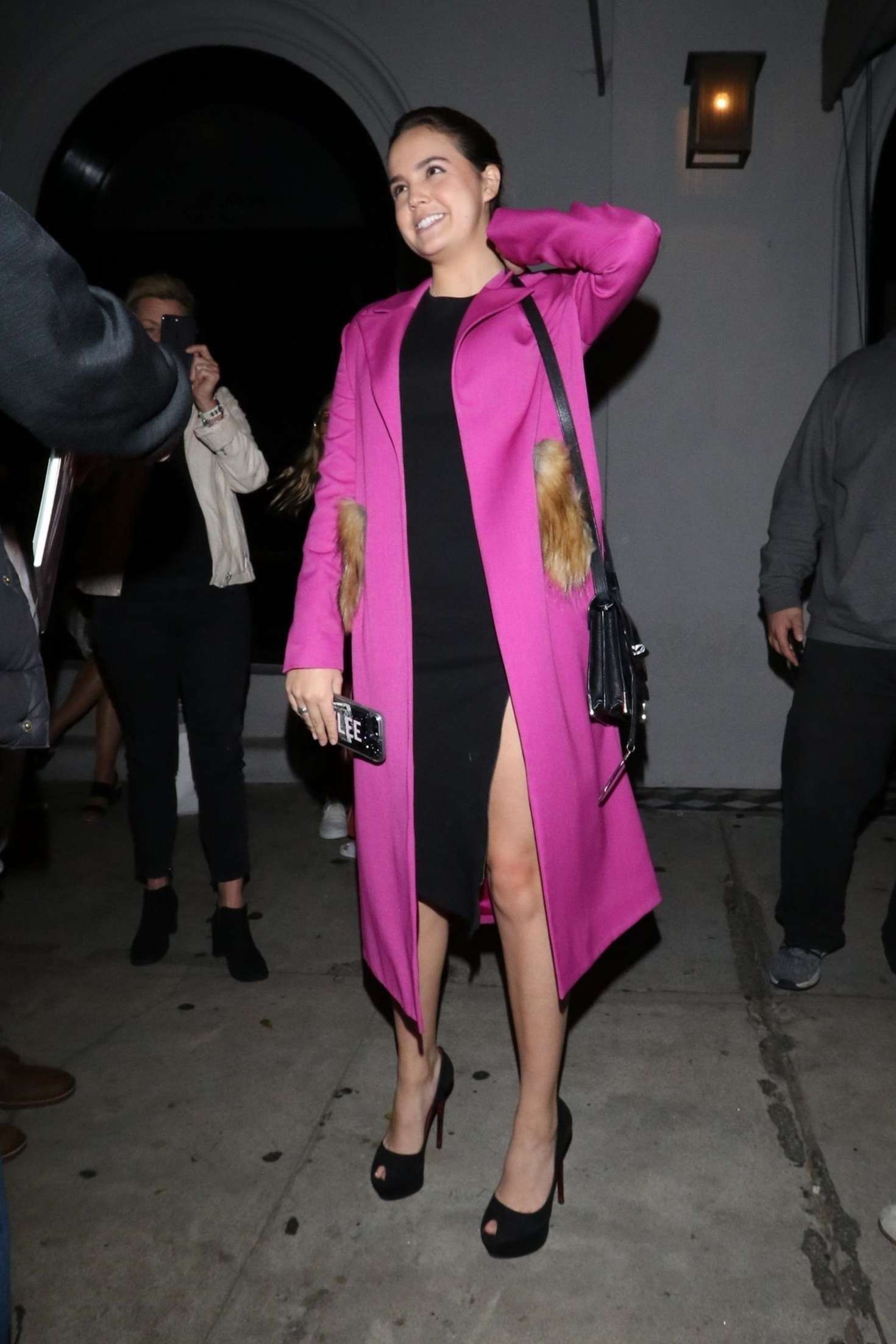 Bailee Madison Pink Coat at Craigâ€™s Restaurant in West Hollywood