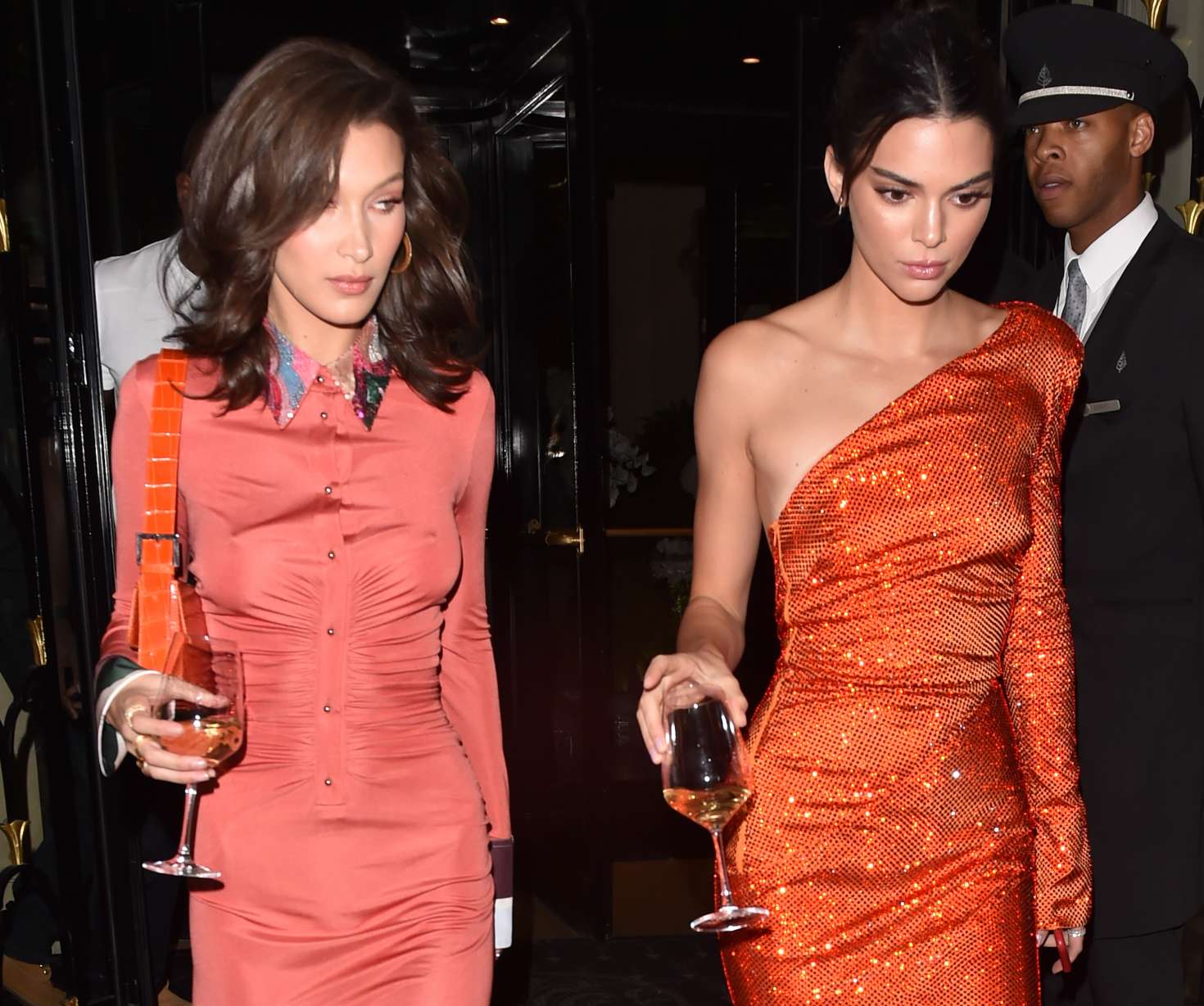 Bella Hadid and Kendall Jenner in Red Dress â€“ Leaving the George V Hotel in Paris