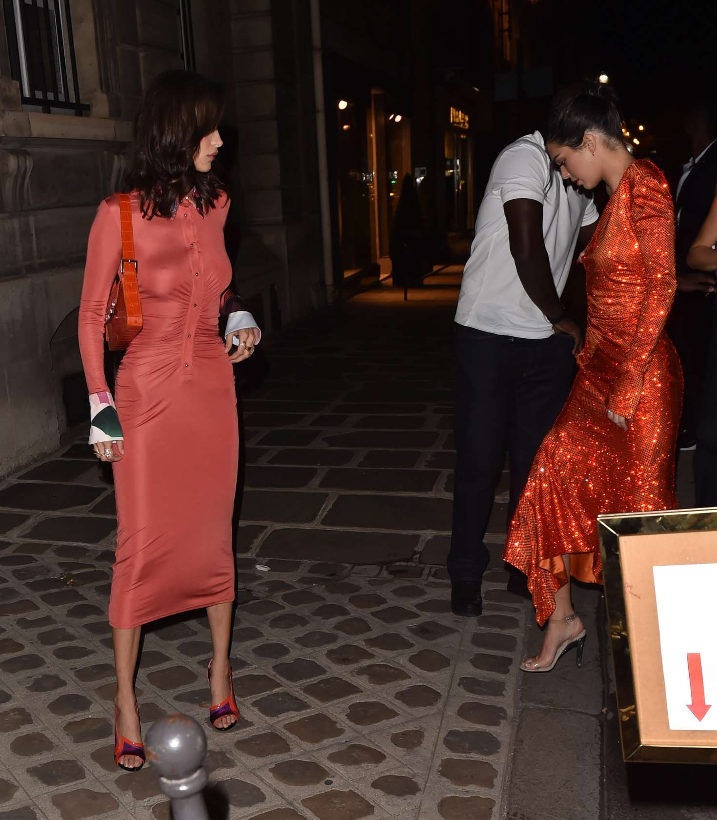 Bella Hadid and Kendall Jenner in Red Dress â€“ Leaving the George V Hotel in Paris