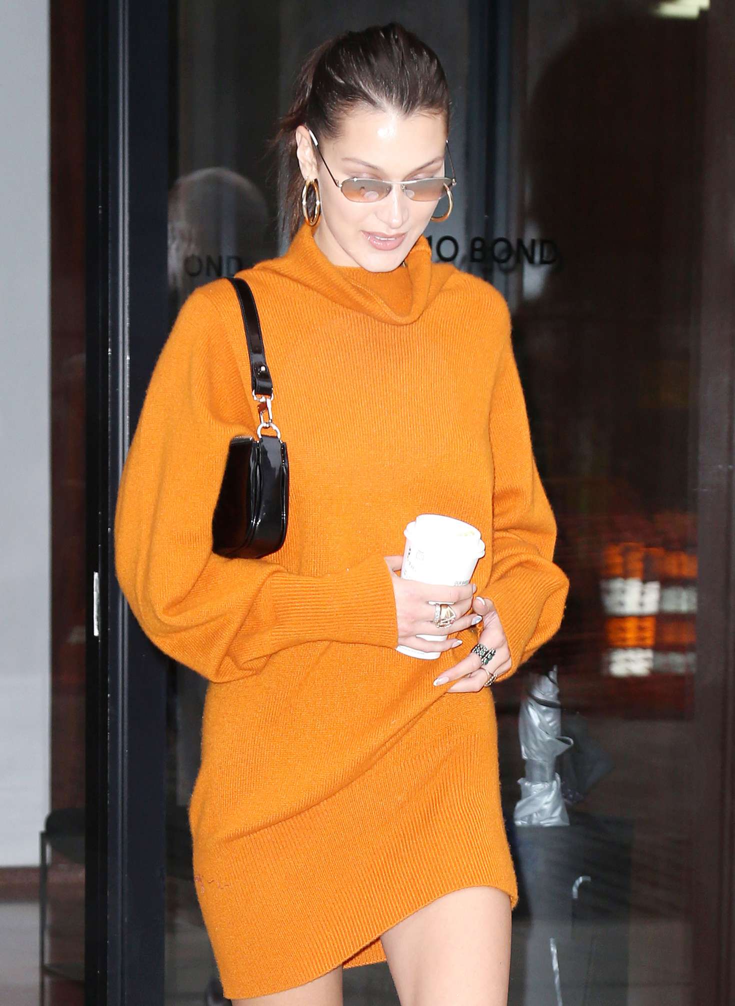 Bella Hadid in Orange Dress â€“ Out in New York City