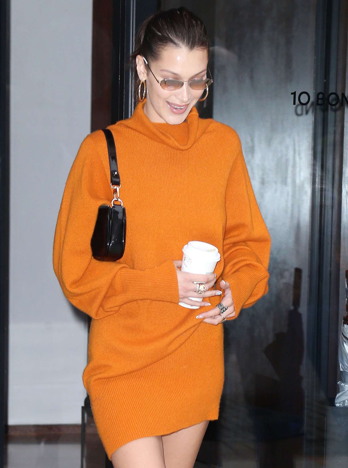Bella Hadid in Orange Dress â€“ Out in New York City