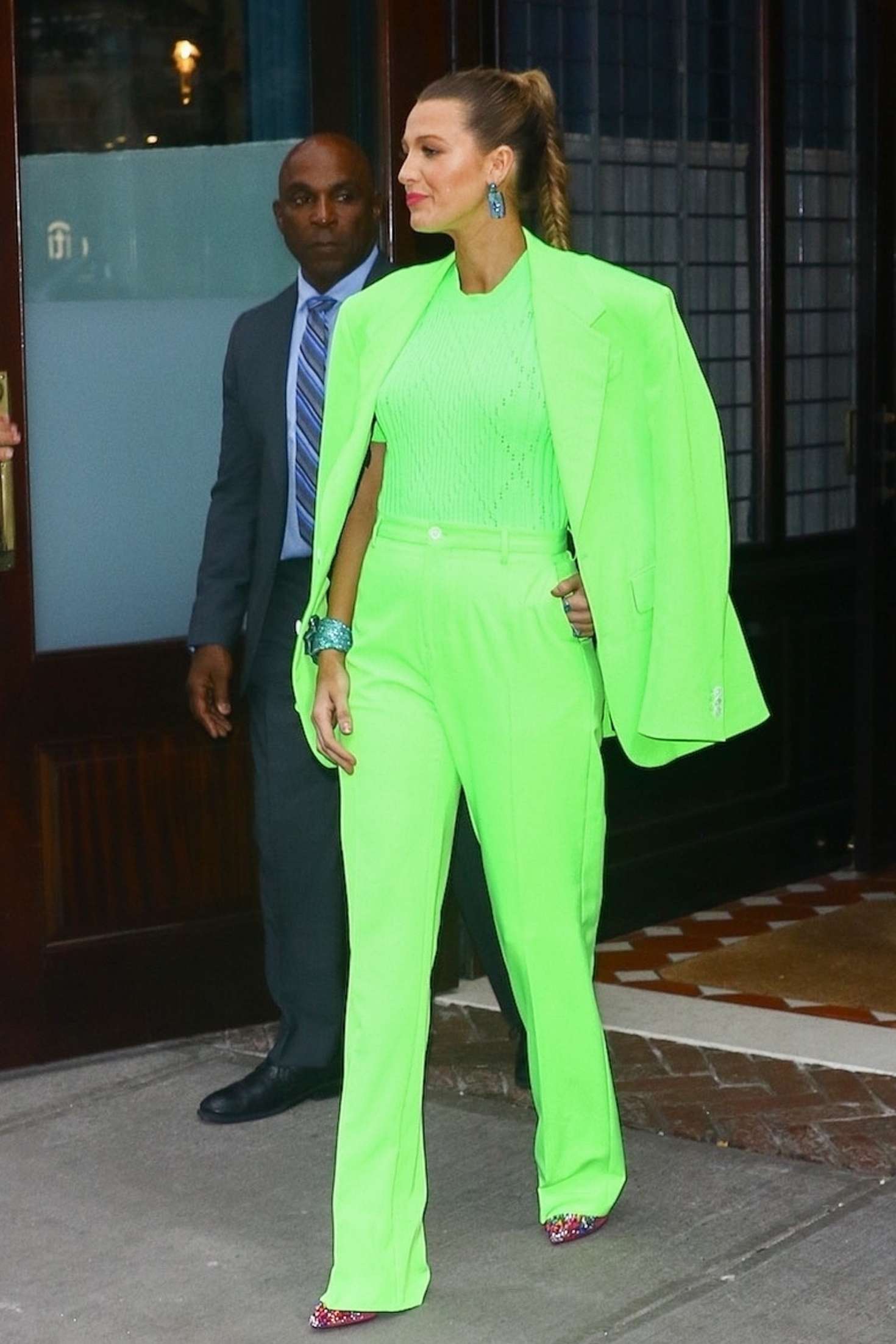 Blake Lively in Neon Green Suit at Spring Studios in New York City