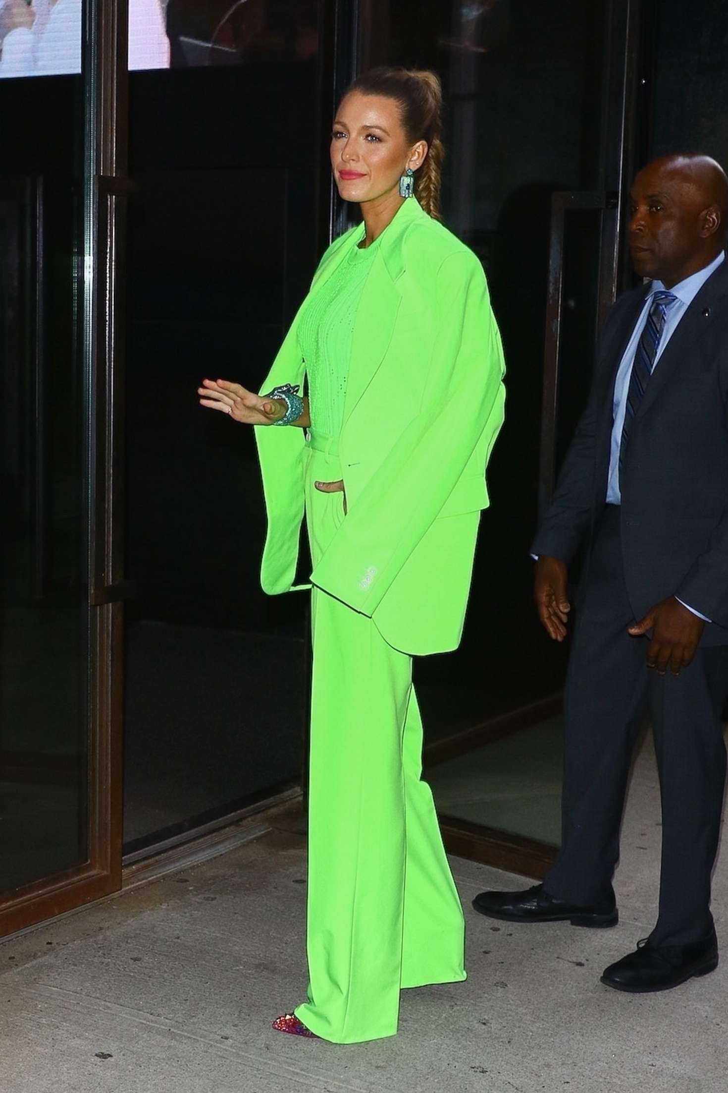 Blake Lively in Neon Green Suit at Spring Studios in New York City