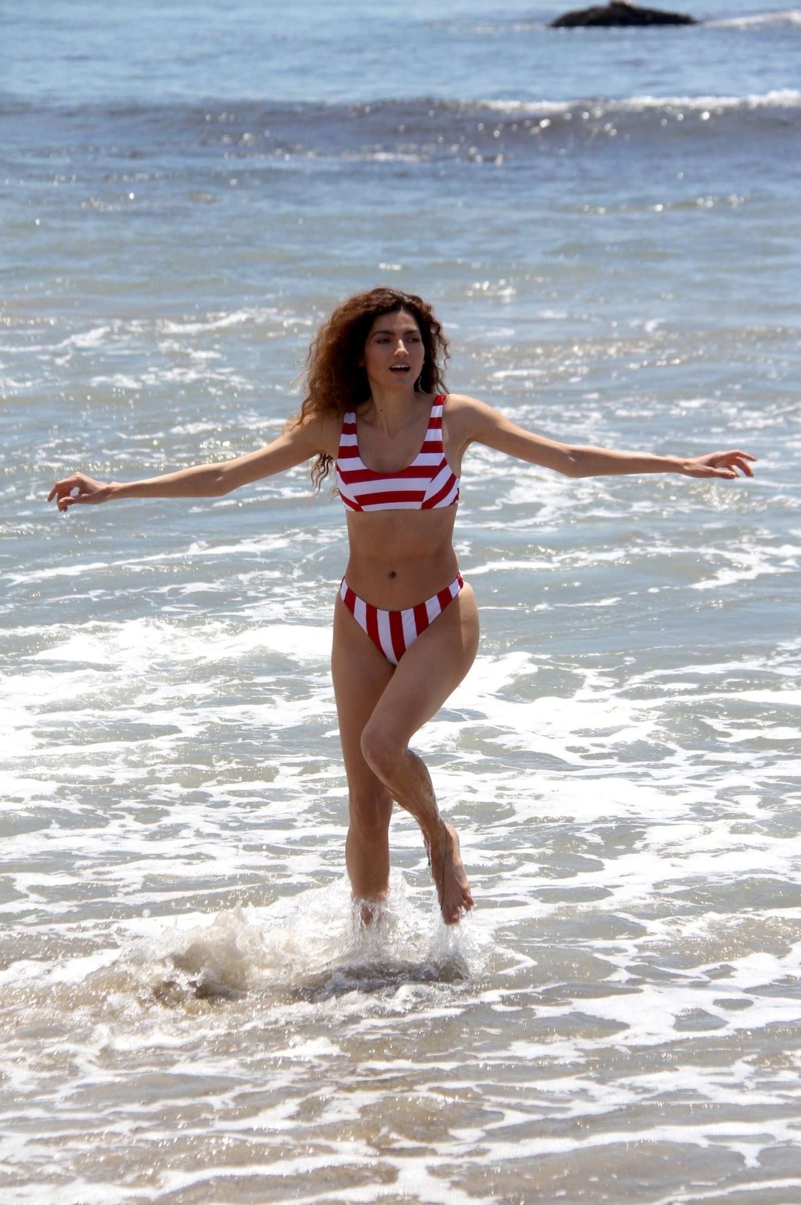 Blanca Blanco in Red and White Bikini at the beach in Malibu