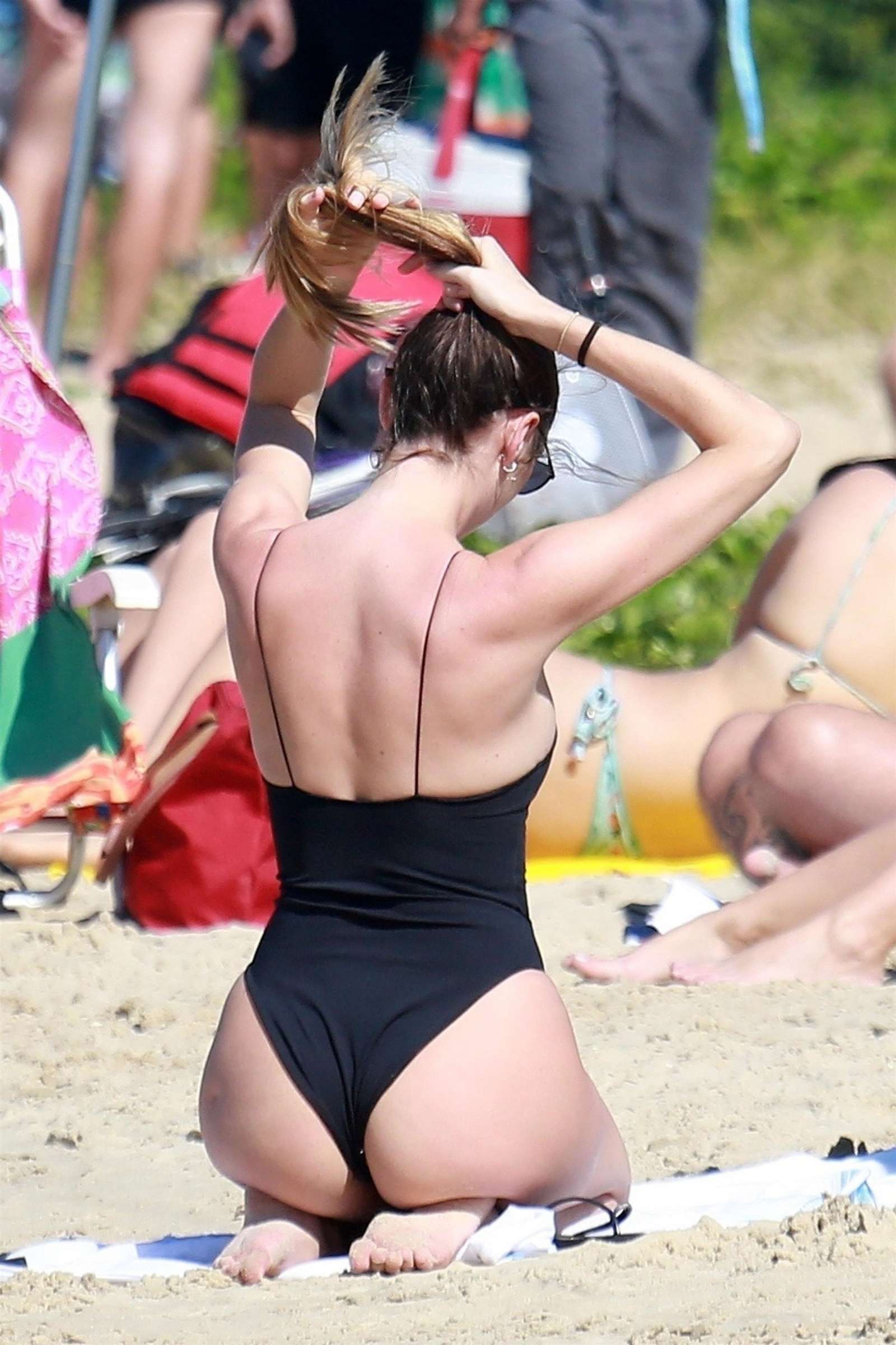 Candice Swanepoel in Black Swimsuit at the beach in Espirito Santo
