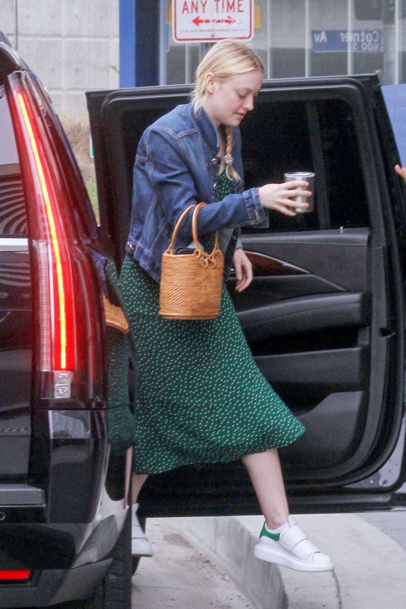 Dakota Fanning in Green Dress â€“ Out in Los Angeles