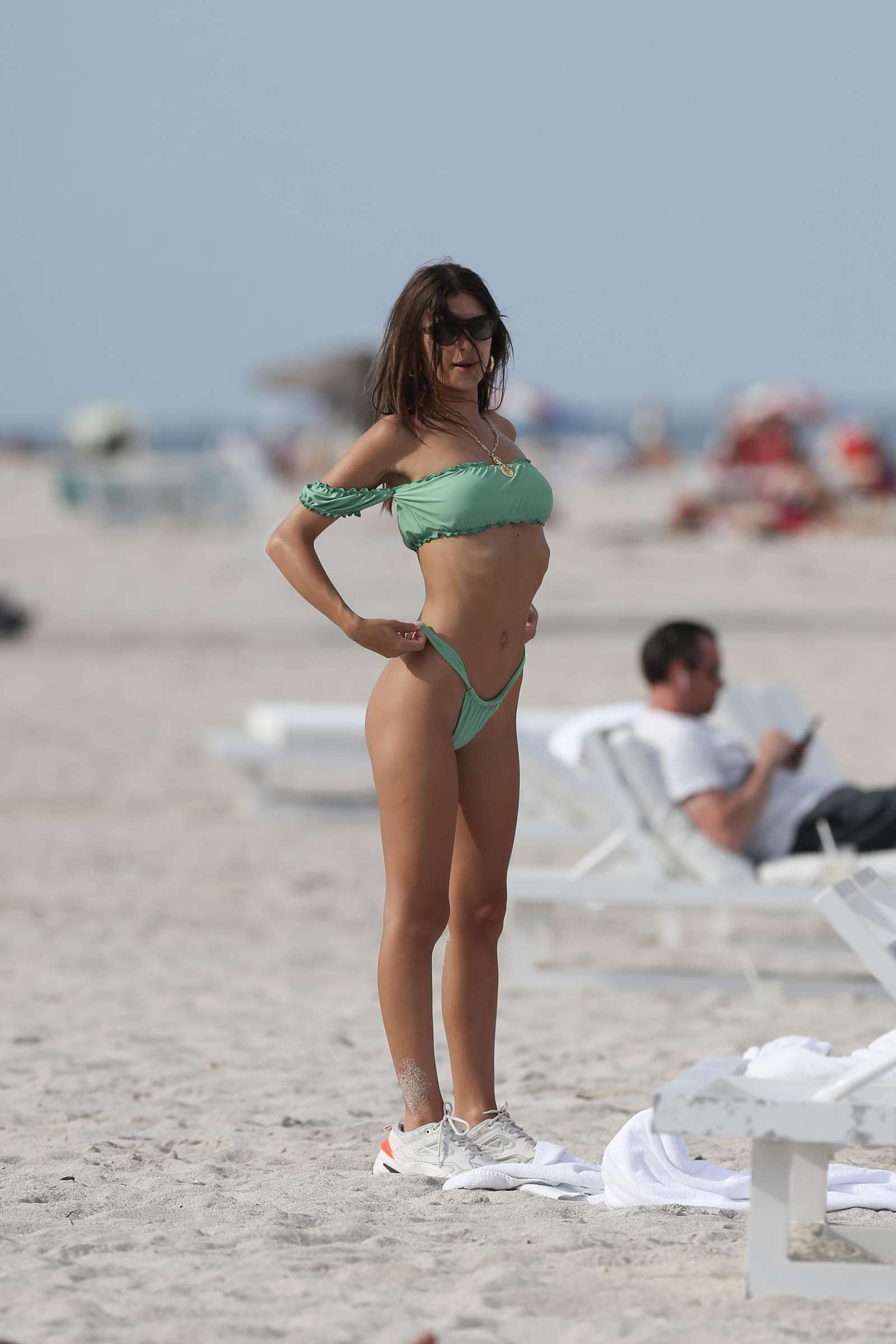 Emily Ratajkowski in Green Bikini at the beach in Miami