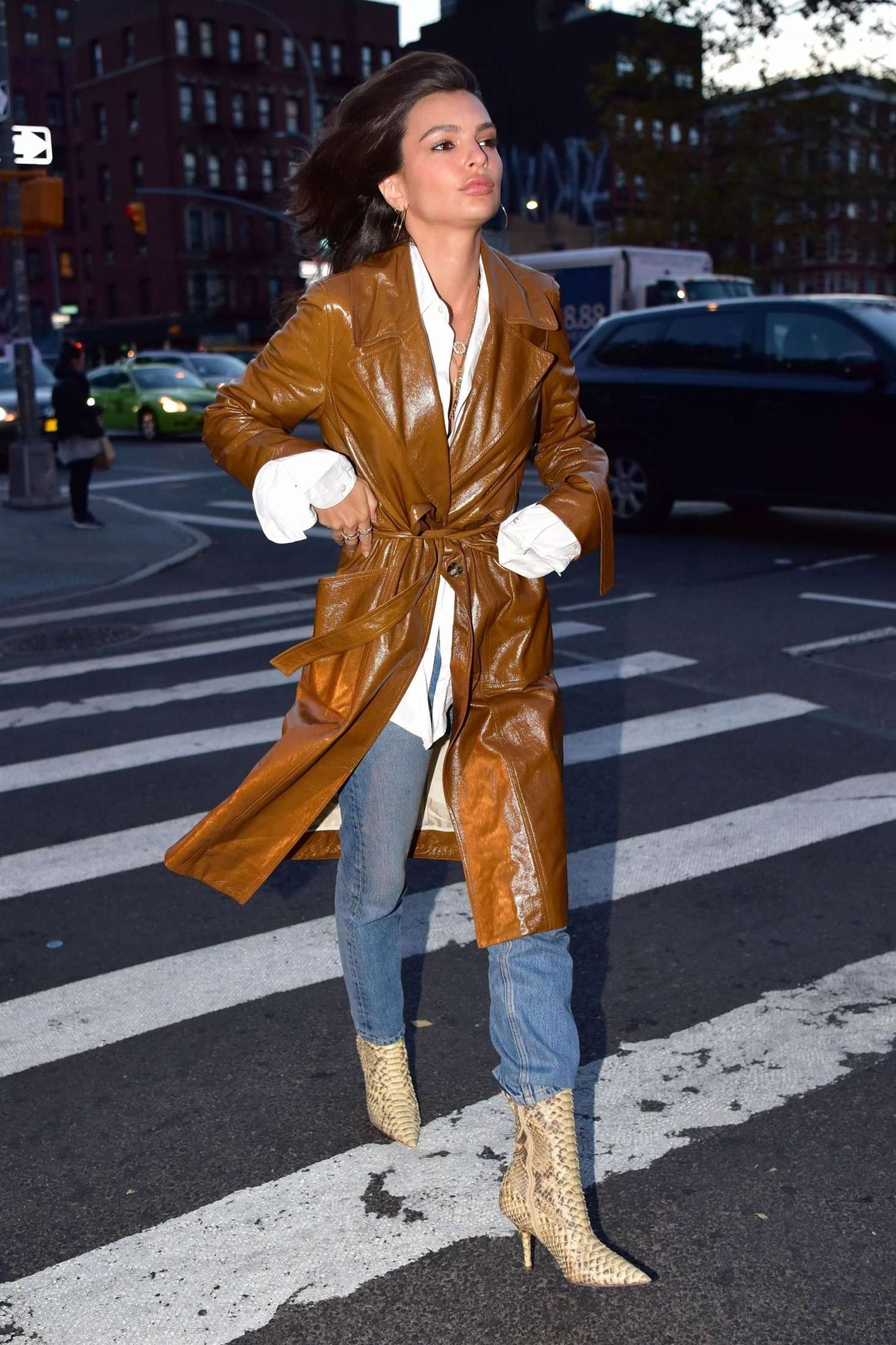 Emily Ratajkowski in Leather Coat â€“ Out in NYC