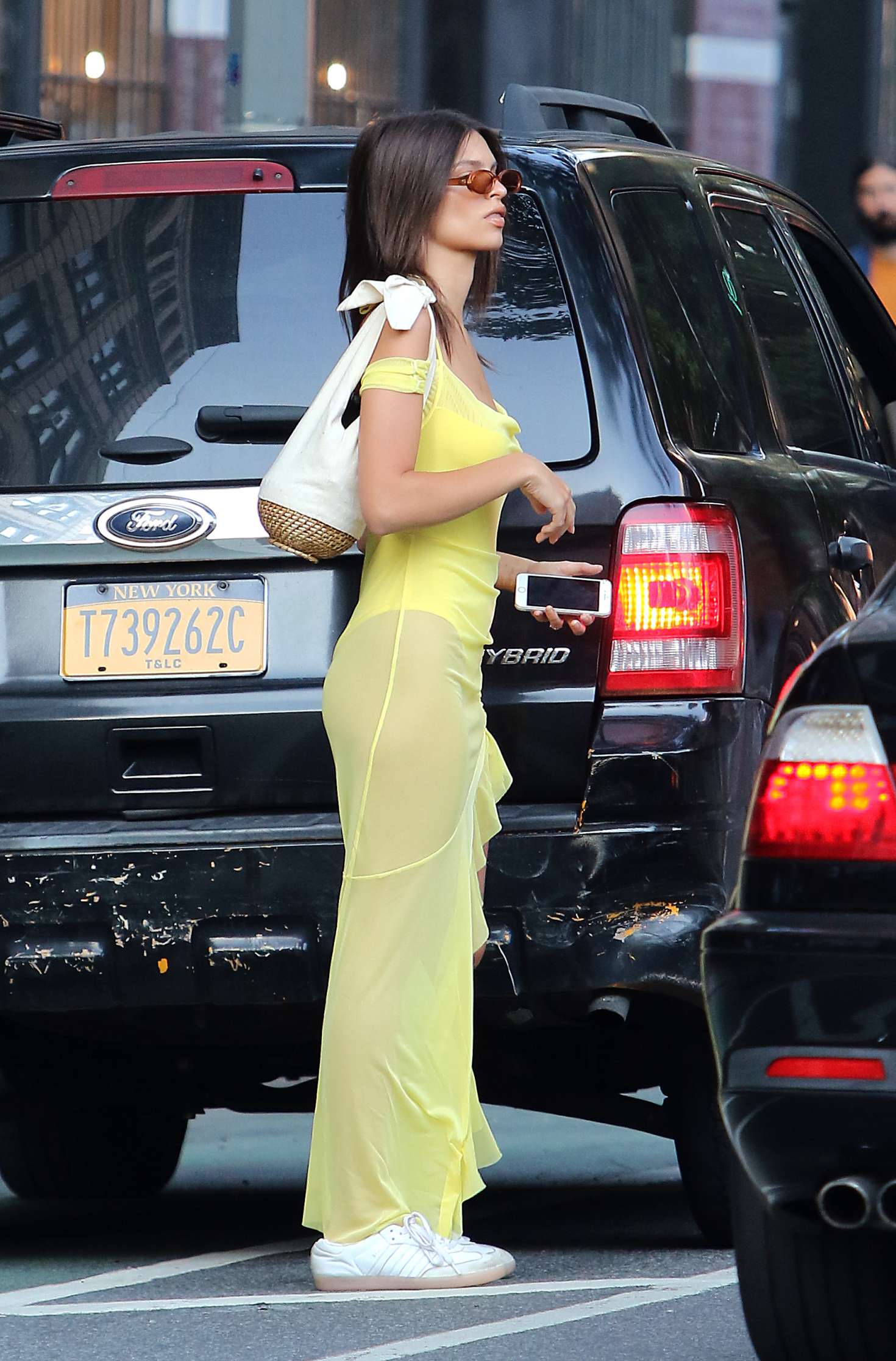 Emily Ratajkowski in Sheer Yellow Maxi Dress and Bodysuit in Manhattan
