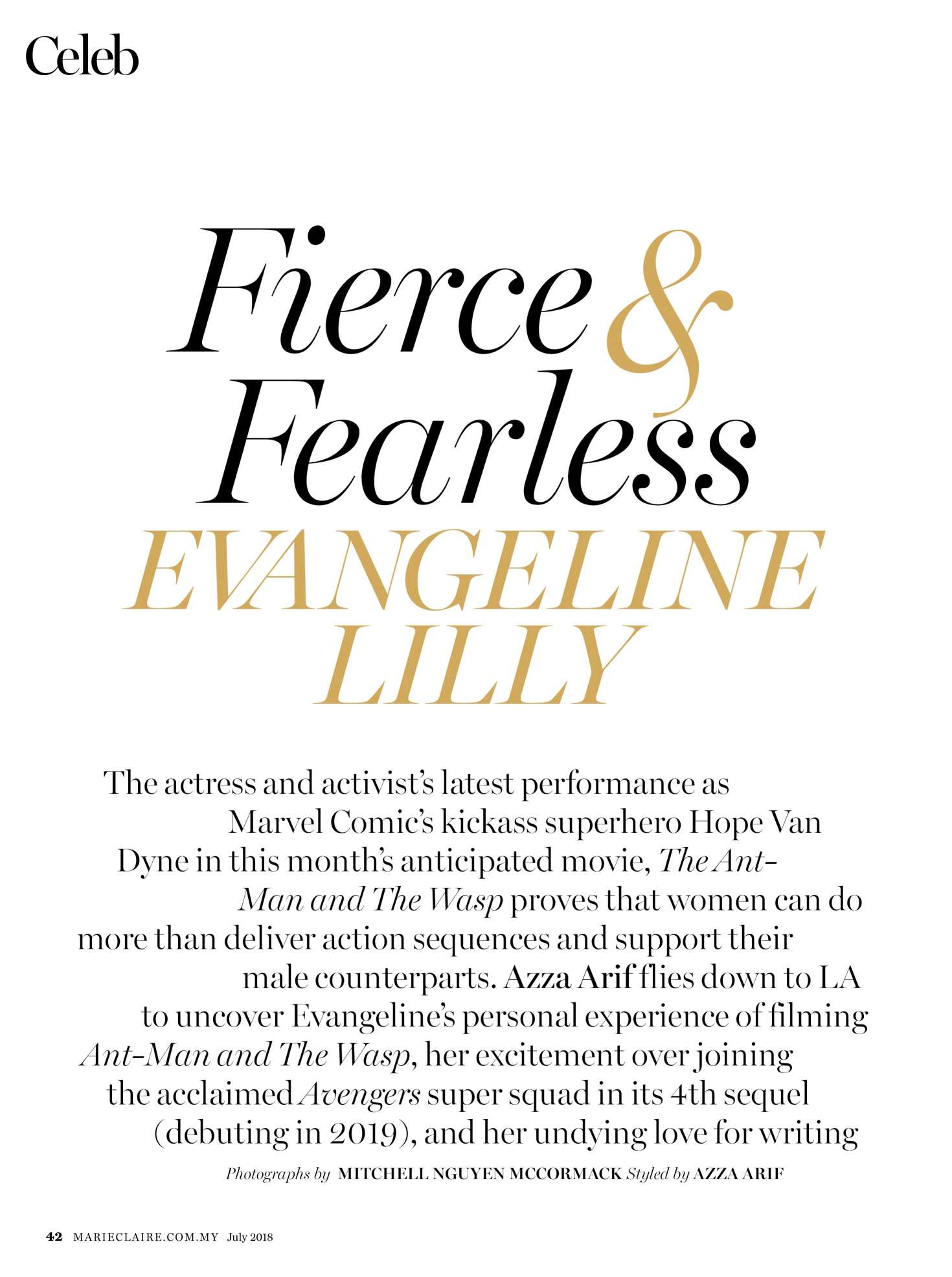 Evangeline Lilly â€“ Marie Claire Malaysia Magazine (July 2018)