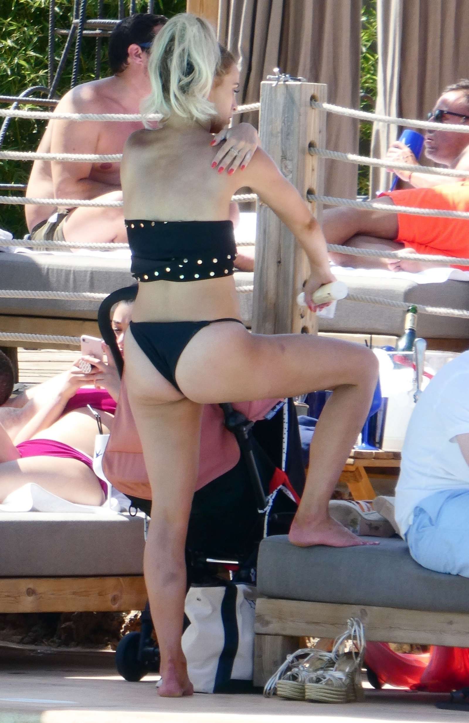 Ferne McCann in Black Bikini at Nao Pool Club in Marbella