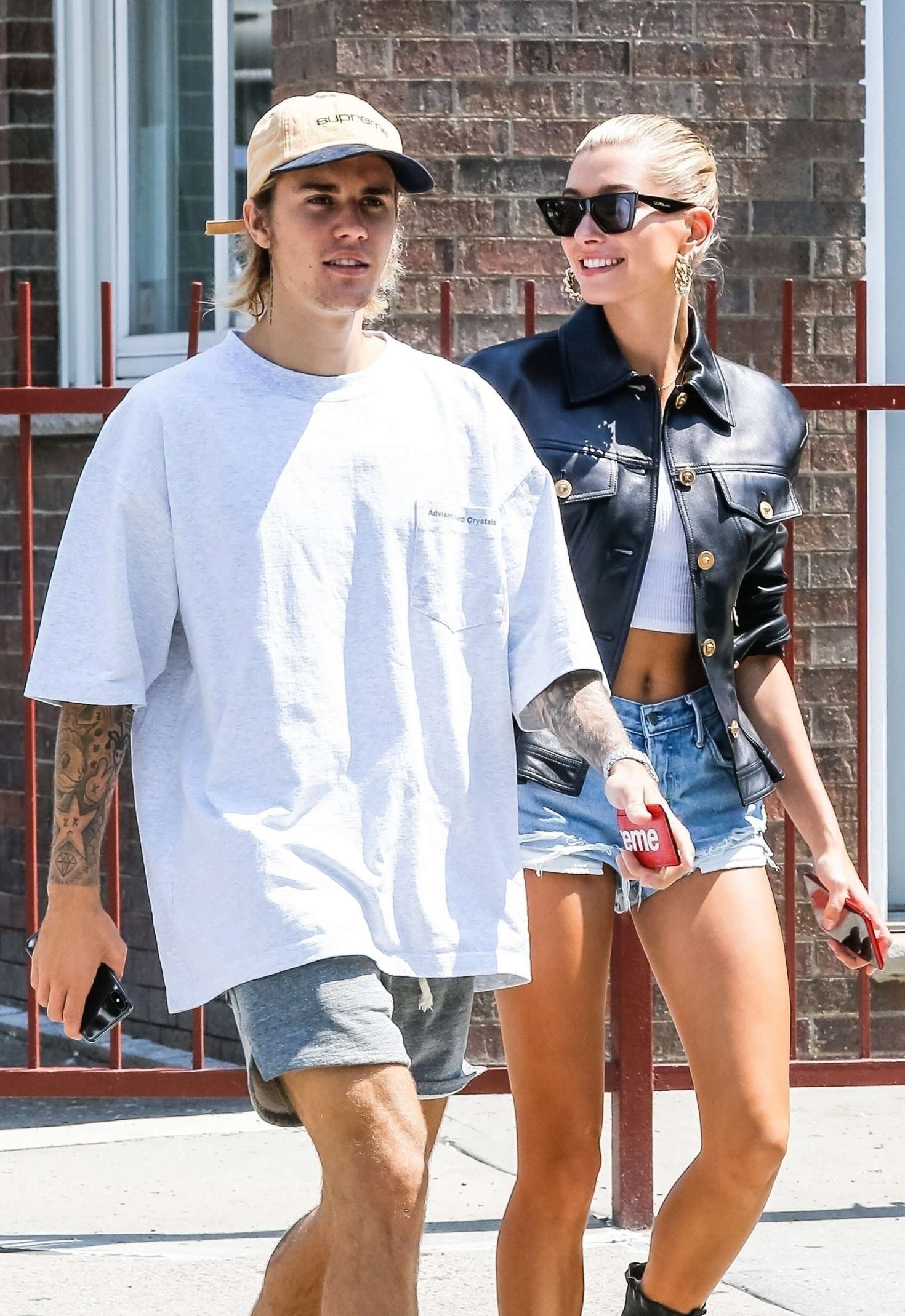 Hailey Baldwin in Denim Shorts with Justin Bieber out in NYC
