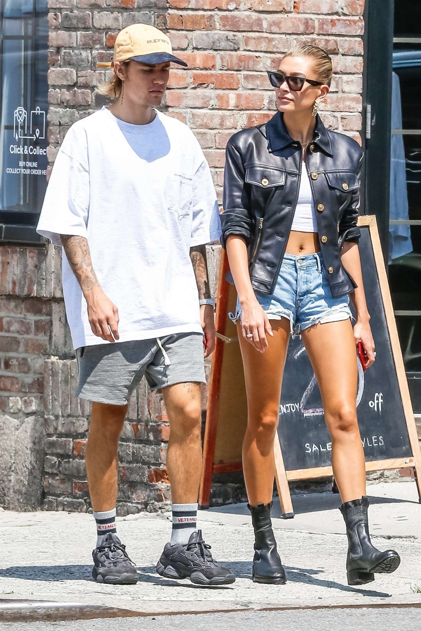 Hailey Baldwin in Denim Shorts with Justin Bieber out in NYC
