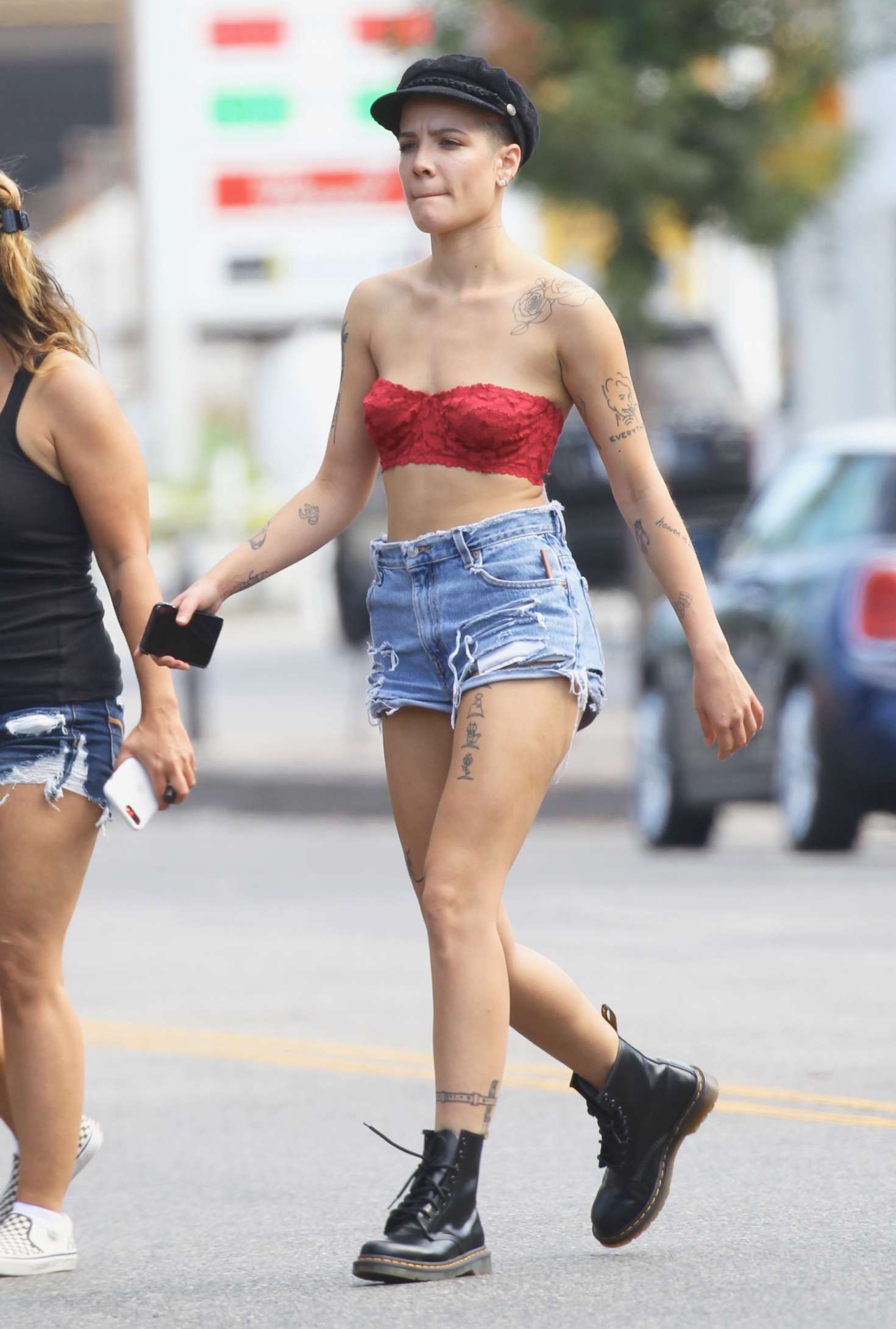 Halsey in Red Top and Shorts â€“ Out for a coffee in Studio City