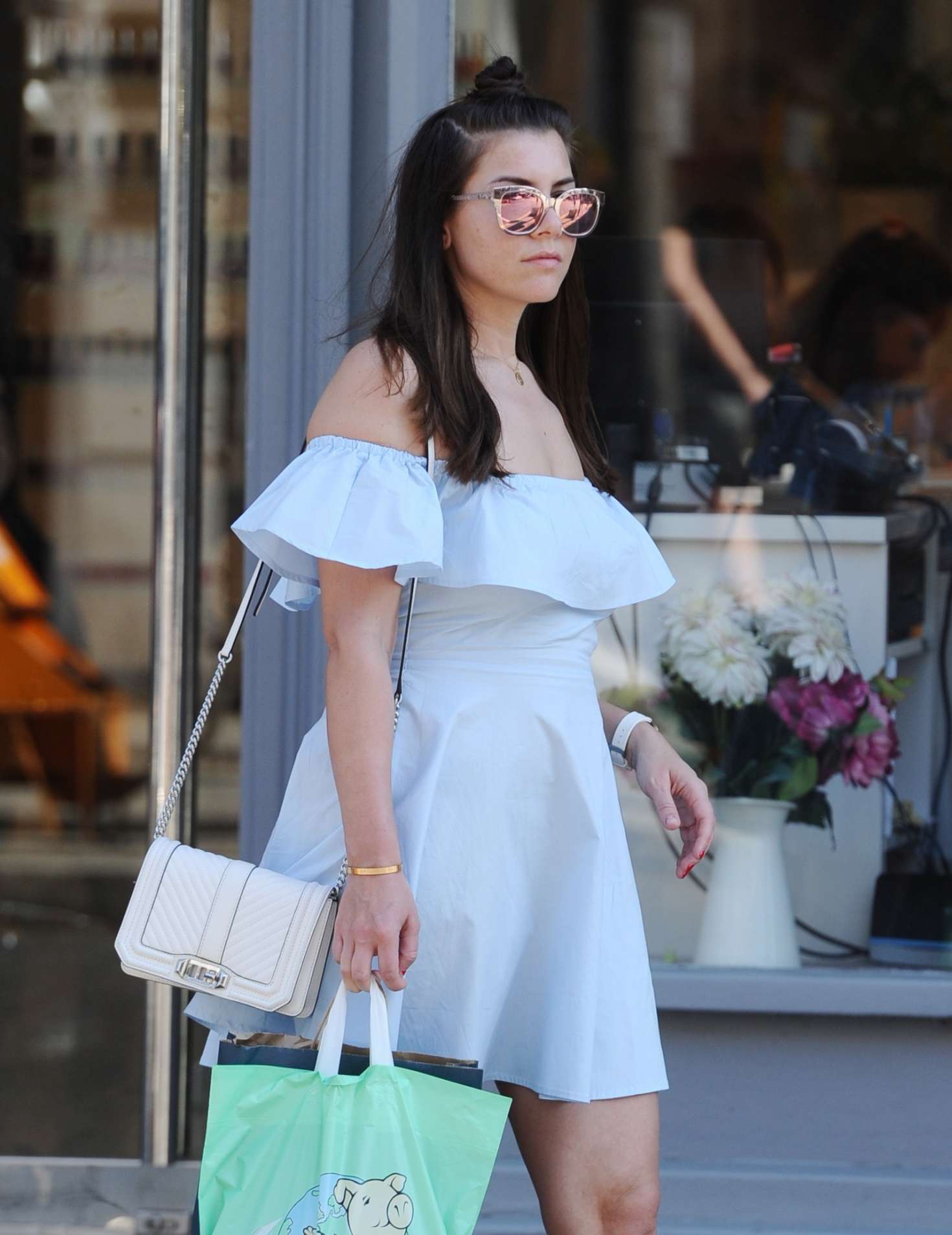 Imogen Thomas in Mini Dress â€“ Shopping in London