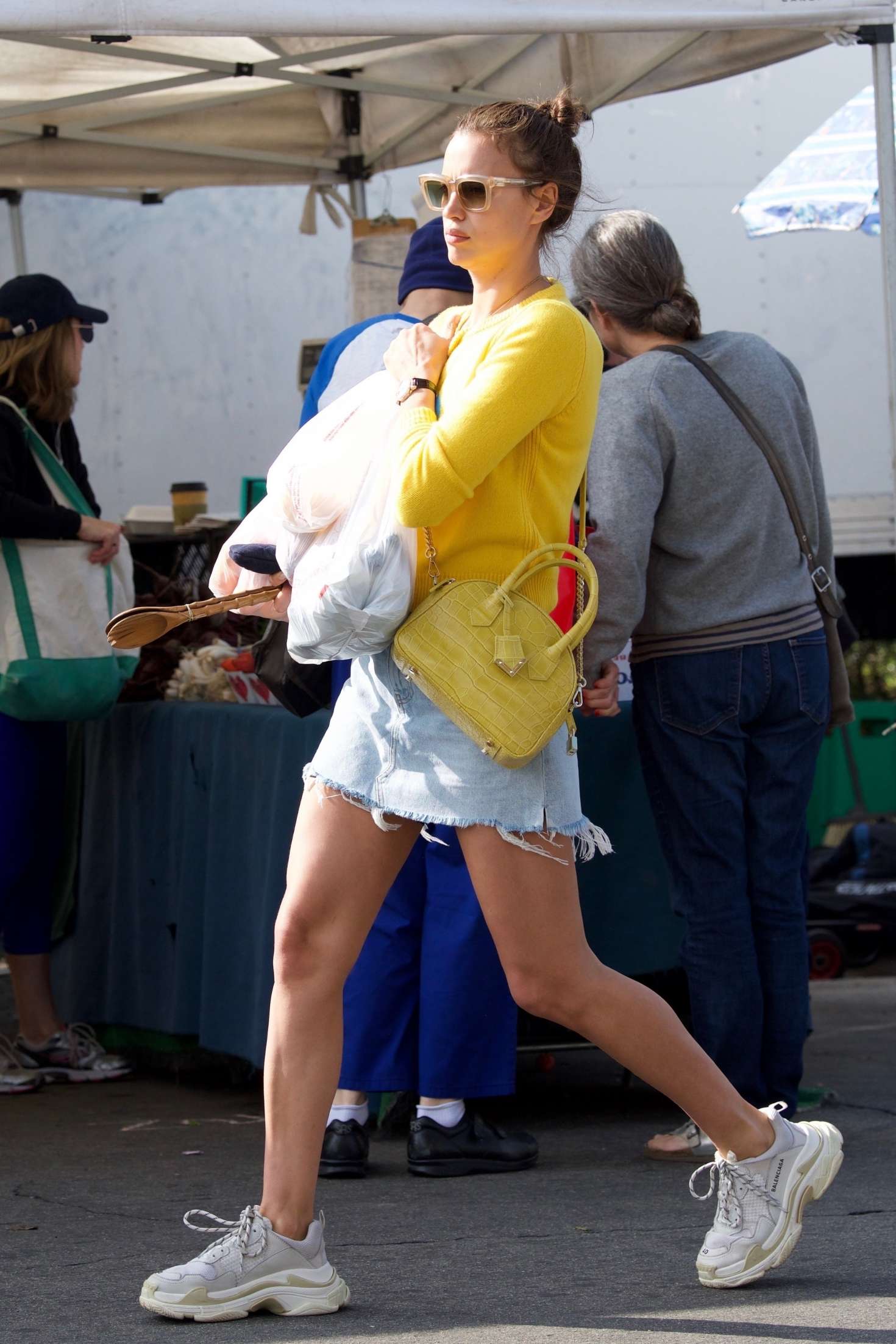 Irina Shayk in Denim Mini Skirt â€“ Shopping in Brentwood