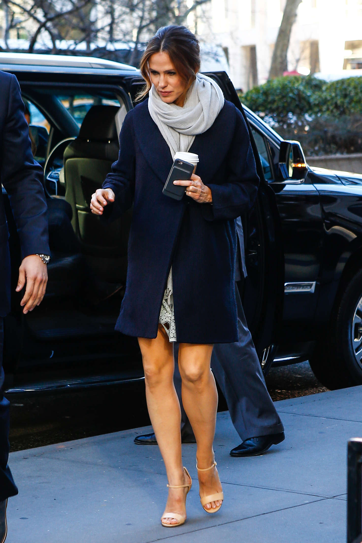 Jennifer Garner in Blue Mini Coat out in Manhattan