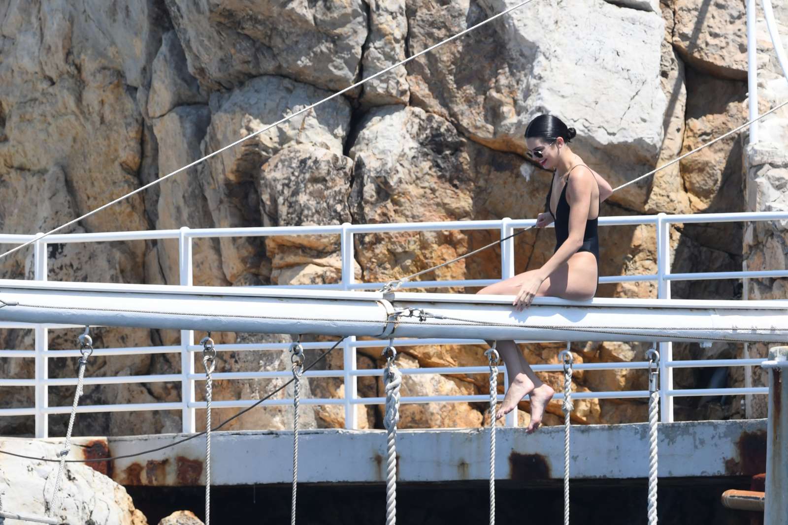Kendall Jenner in Black Swimsuit at Eden-Roc Hotel in Cannes