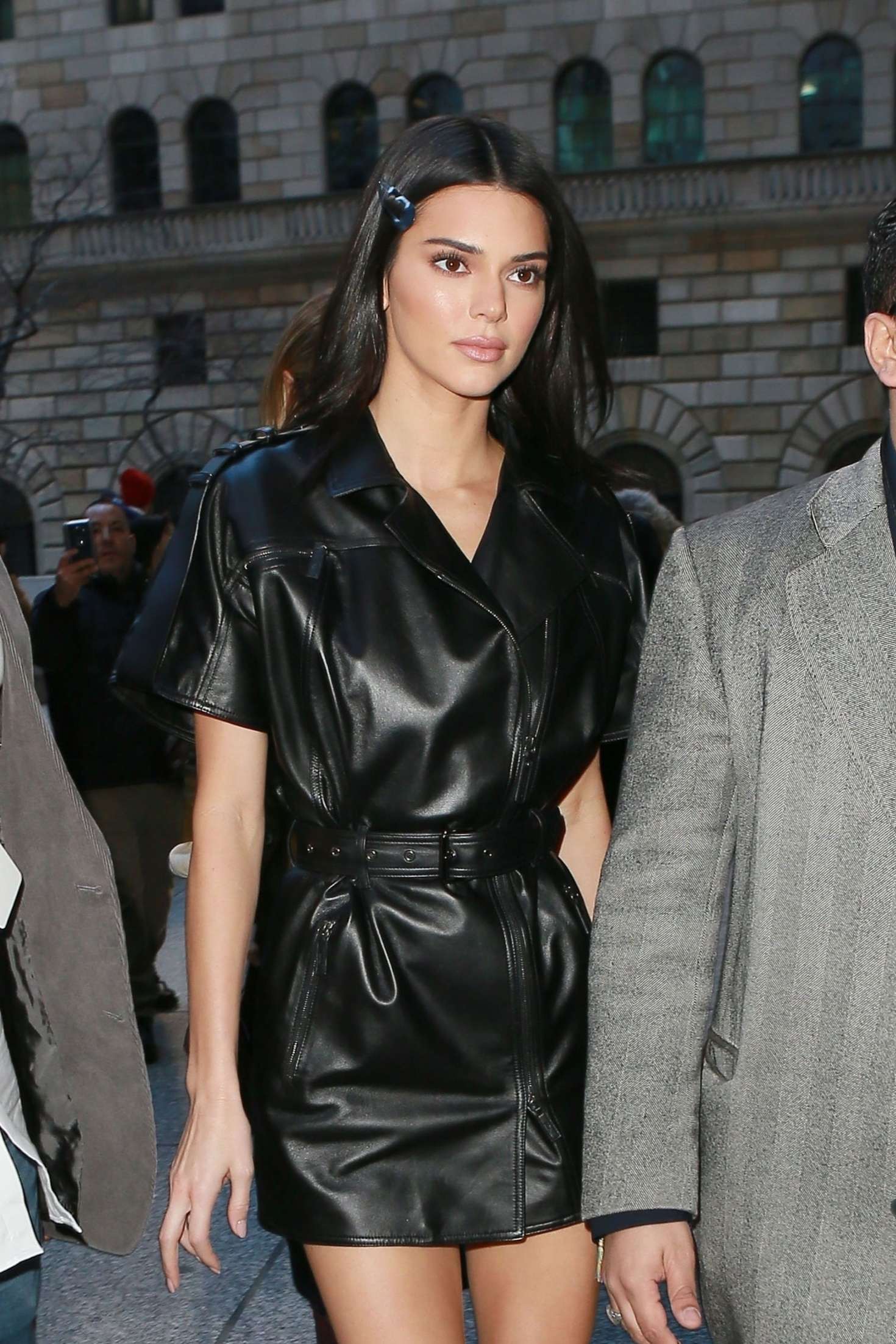 Kendall Jenner in Leather Mini Dress â€“ Arrives at Long Champs Fashion Show in NYC