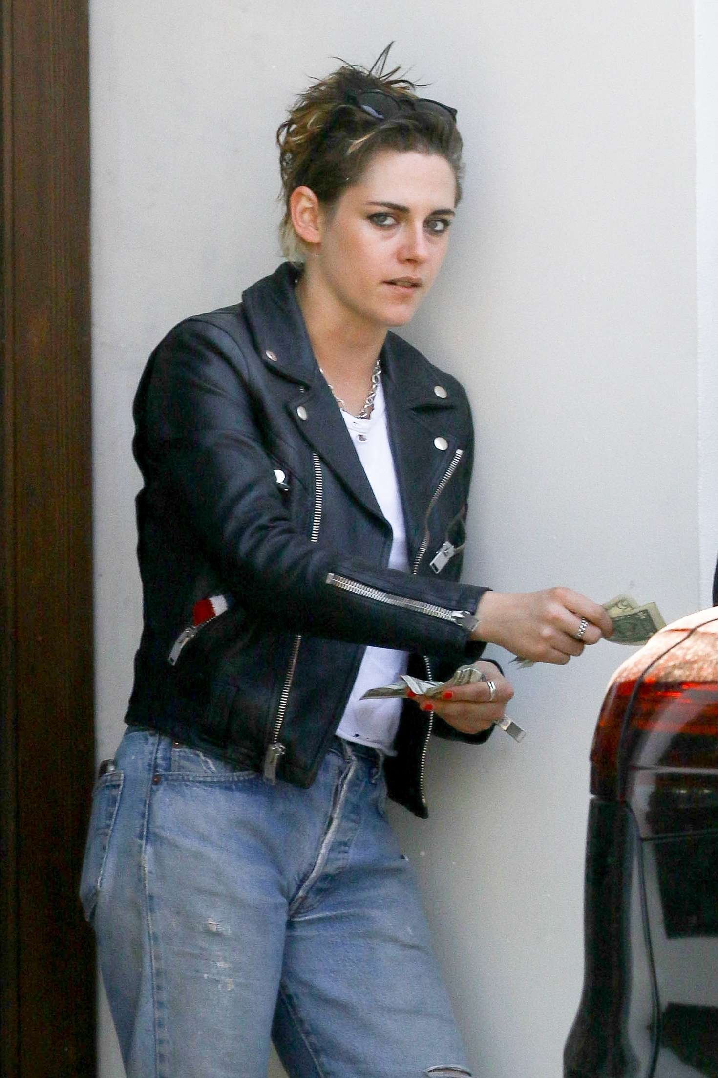 Kristen Stewart in Rocks Black Leather Jacket out in Los Angeles