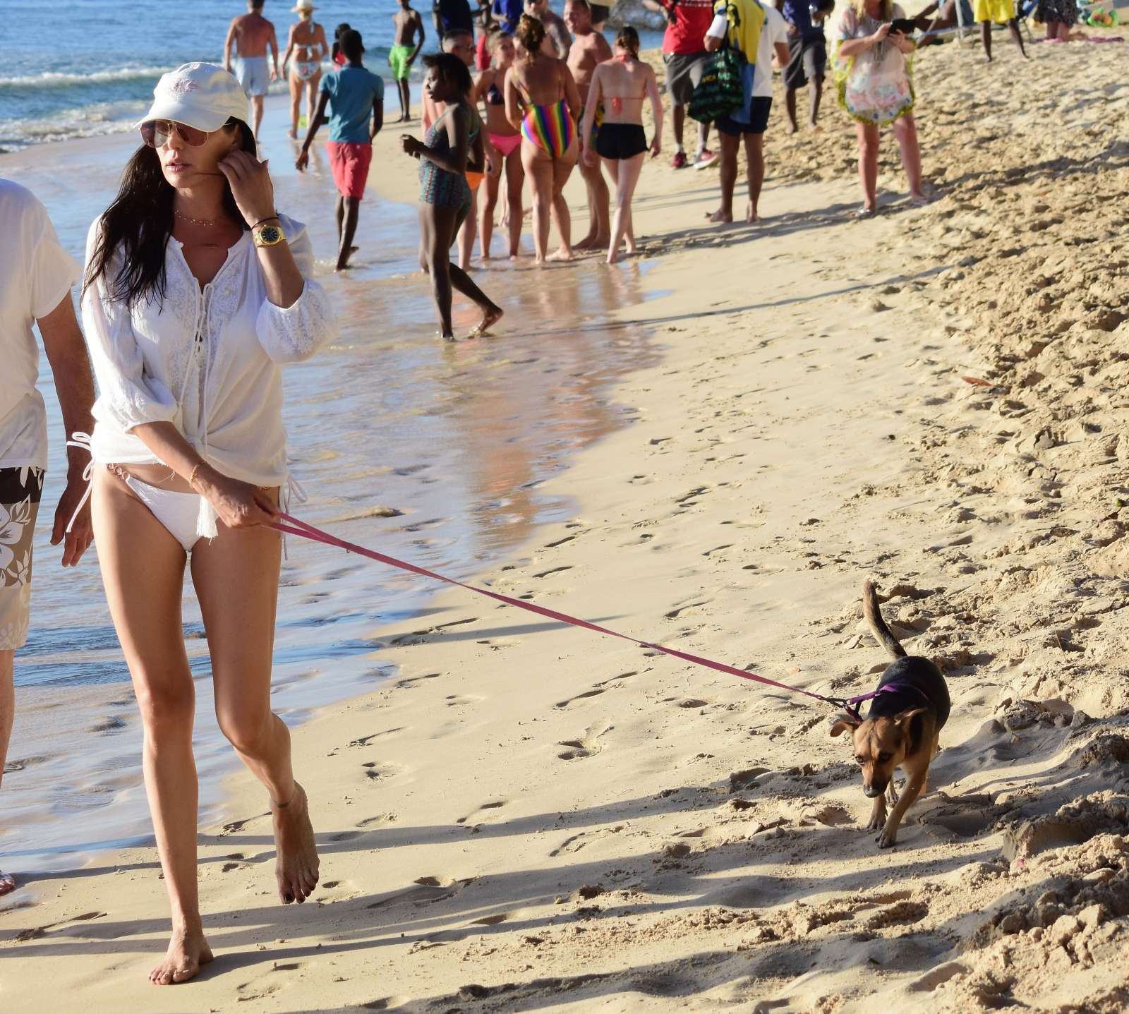 Lauren Silverman in White Bikini â€“ Walking her dog at a beach in Barbados