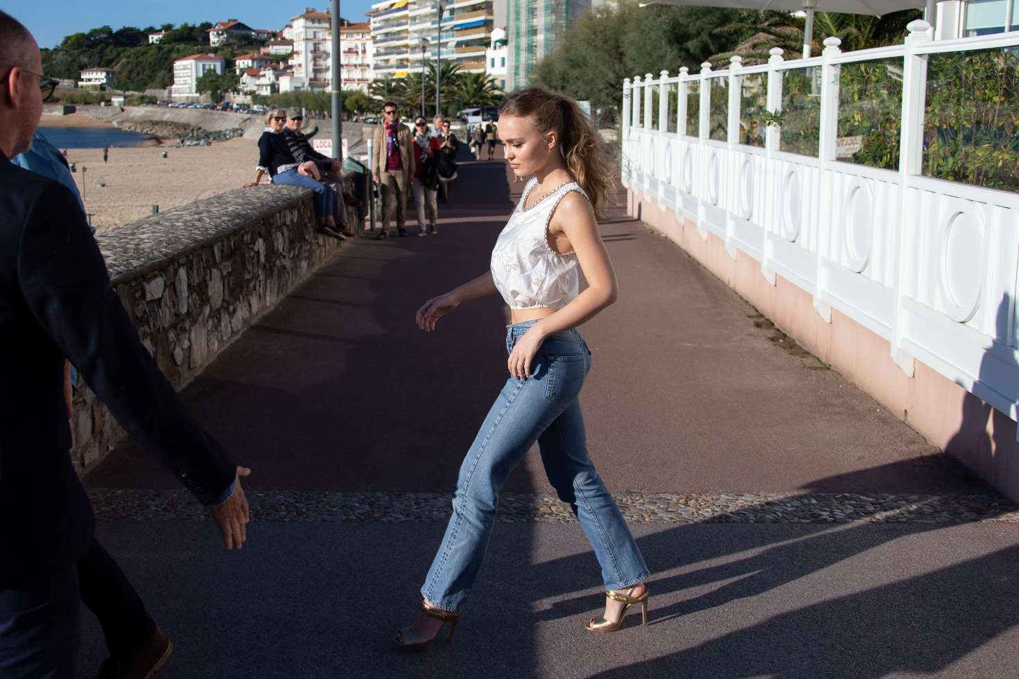 Lily Rose Depp in White Top and Jeans at 5th International Film Festival of St Jean de Luz