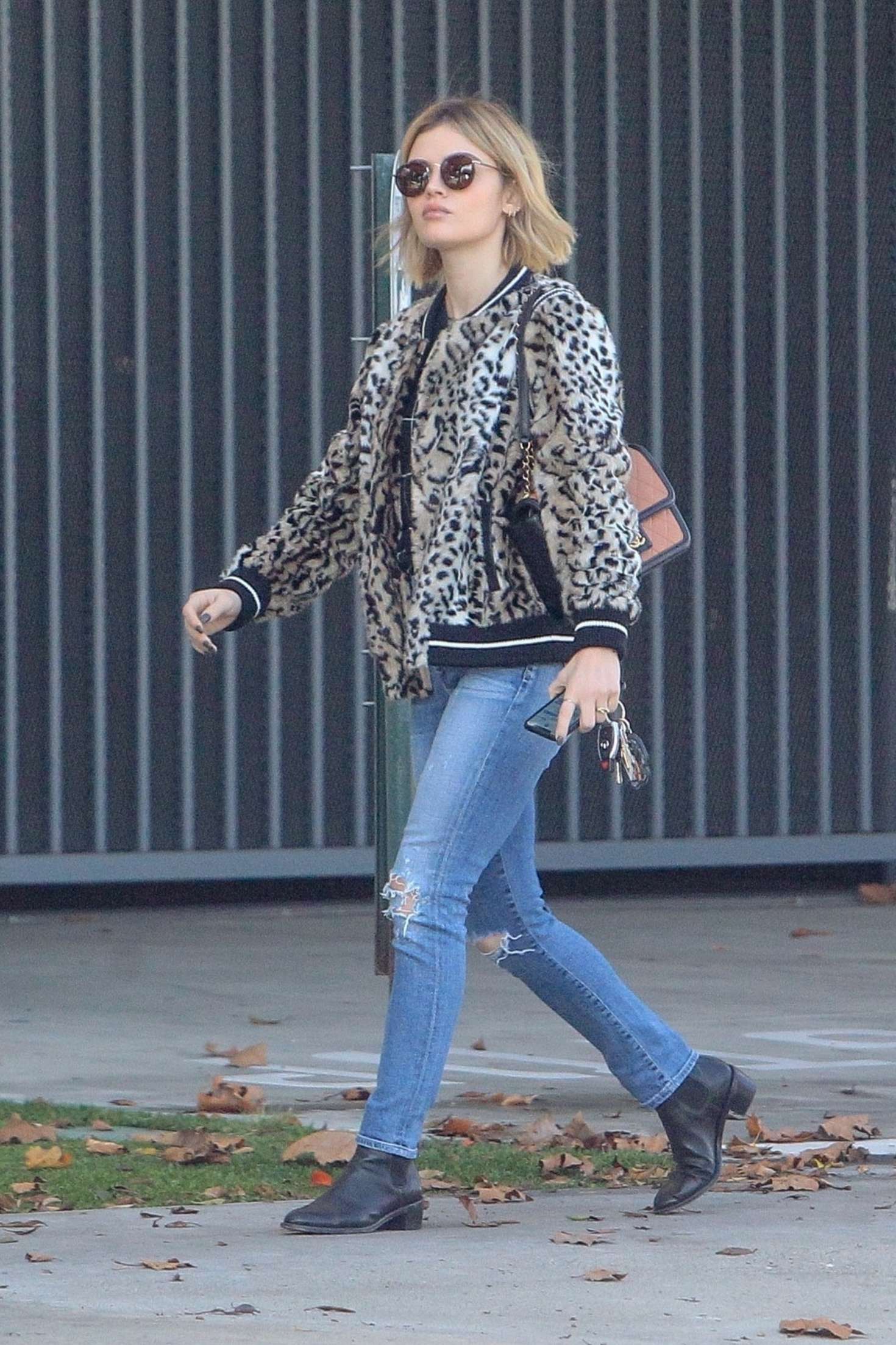 Lucy Hale in Animal Print Jacket â€“ Out in Los Angeles