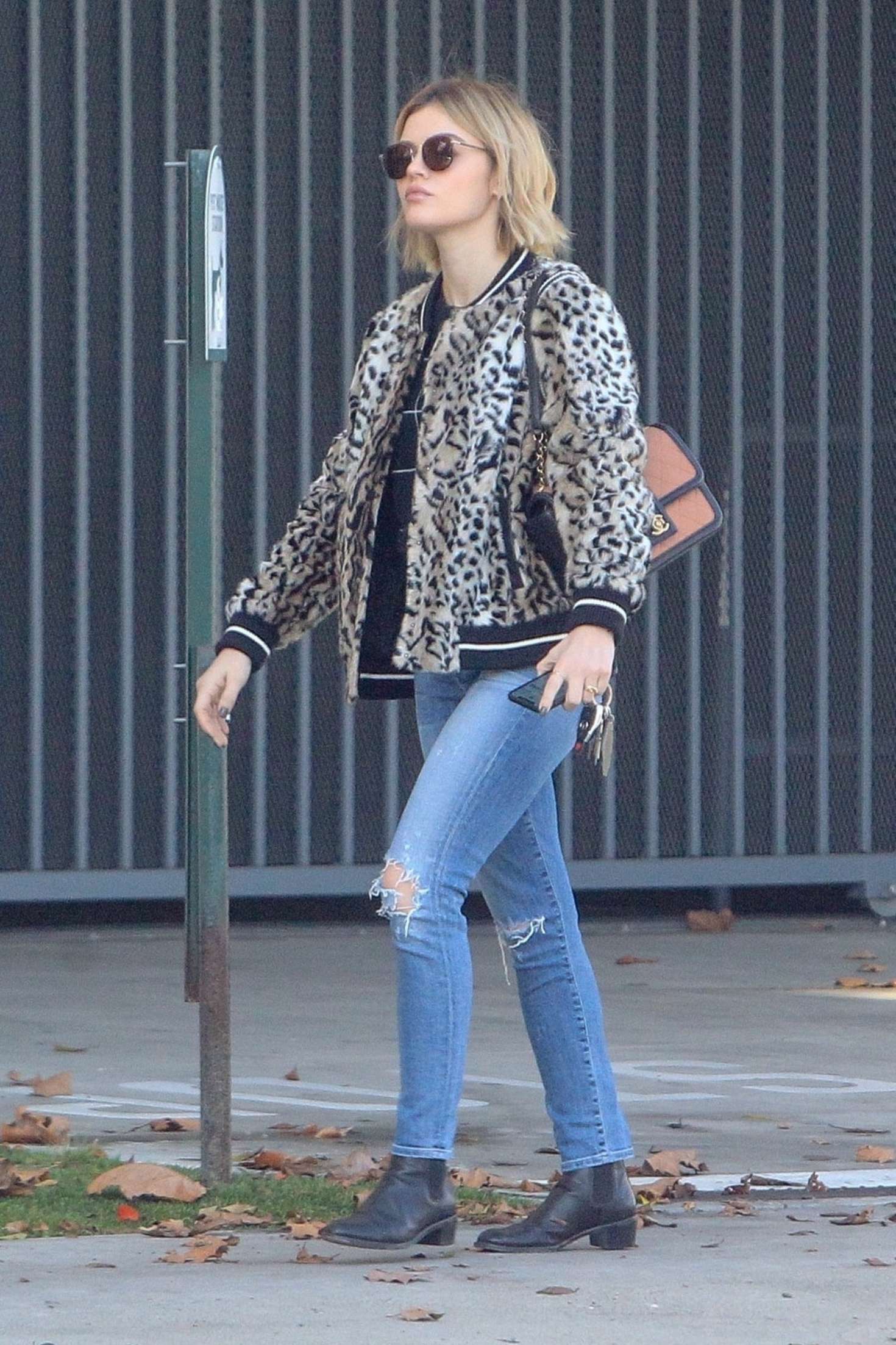 Lucy Hale in Animal Print Jacket â€“ Out in Los Angeles