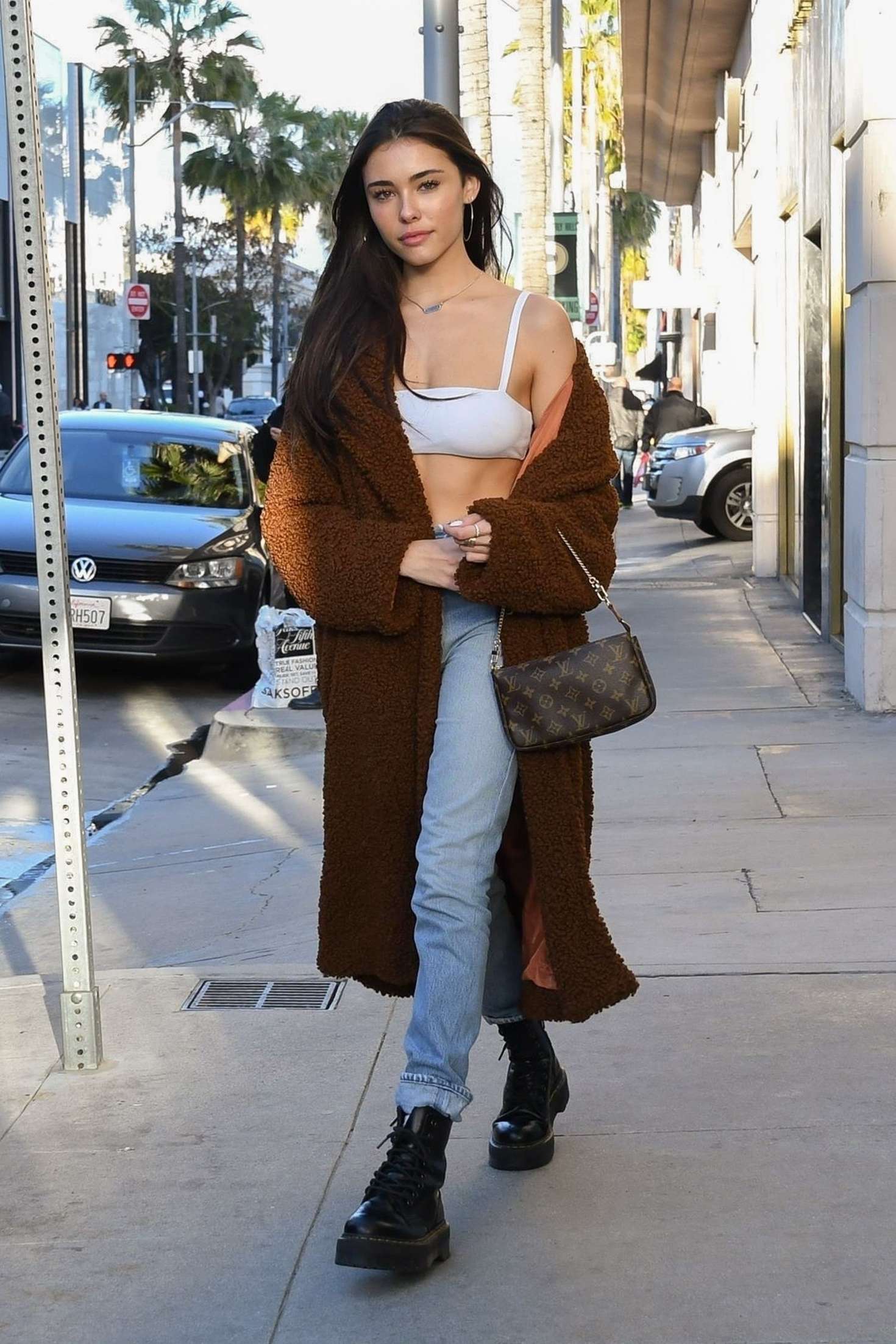 Madison Beer in Long Brown Coat â€“ Shopping in Beverly Hills