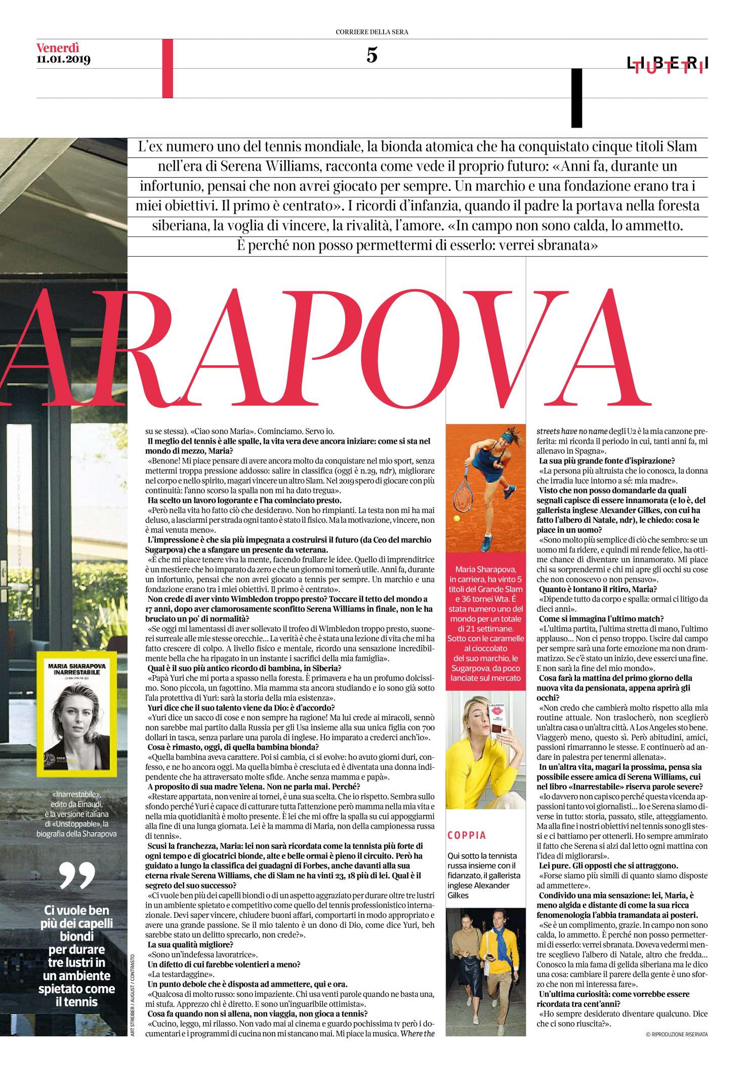 Maria Sharapova â€“ Corriere della Sera Liberi Tutti (January 2019)