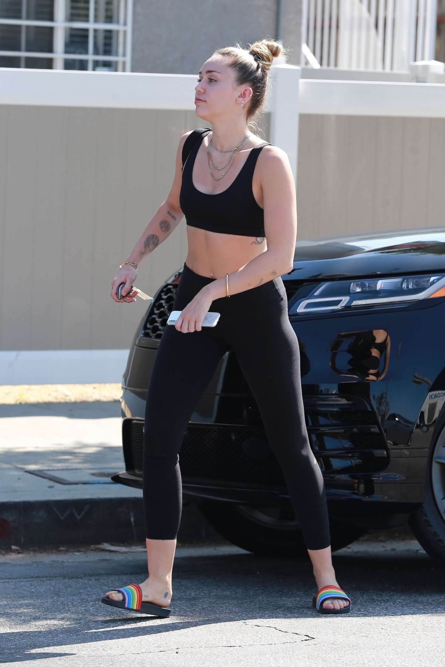Miley Cyrus in Sports Bra and Tights at SunCafe in Studio City