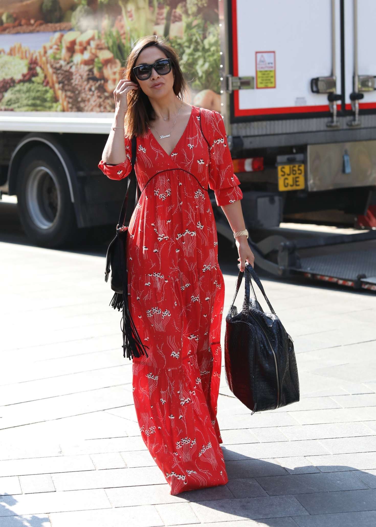 Myleene Klass in Red Dress â€“ Arrives at Global Radio in London