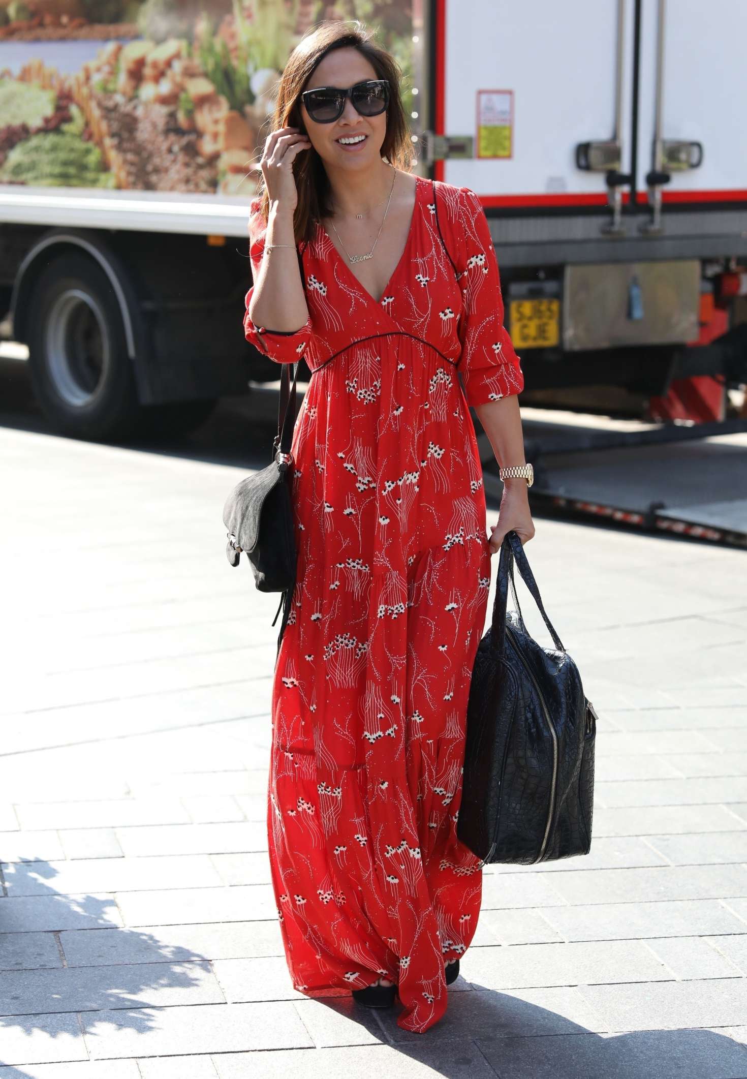 Myleene Klass in Red Dress â€“ Arrives at Global Radio in London
