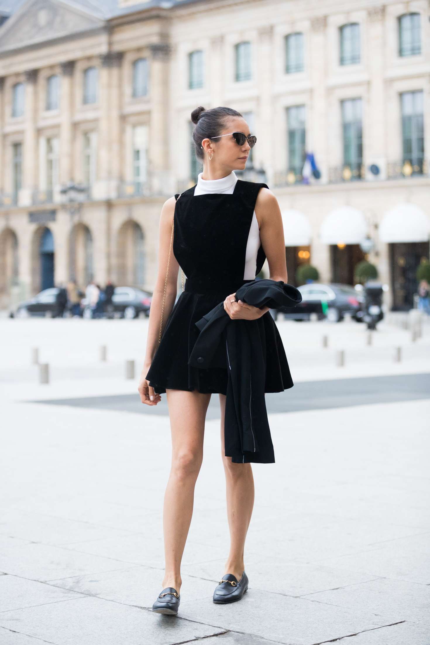 Nina Dobrev in Black Mini Dress â€“ Out and about in Paris