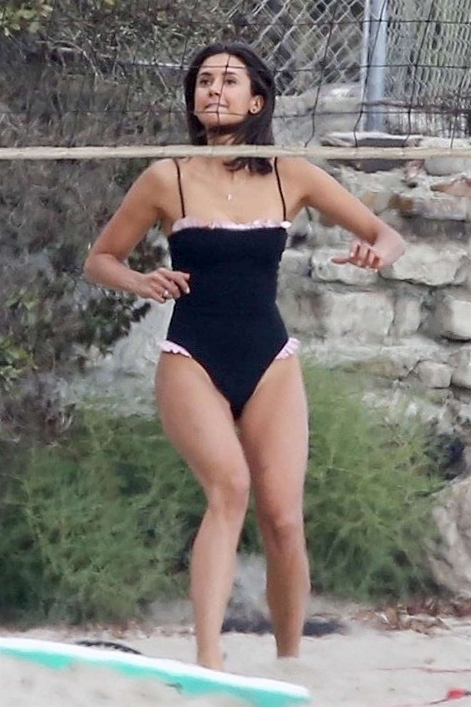 Nina Dobrev in Black Swimsuit â€“ Playing Beach Volleyball in Malibu