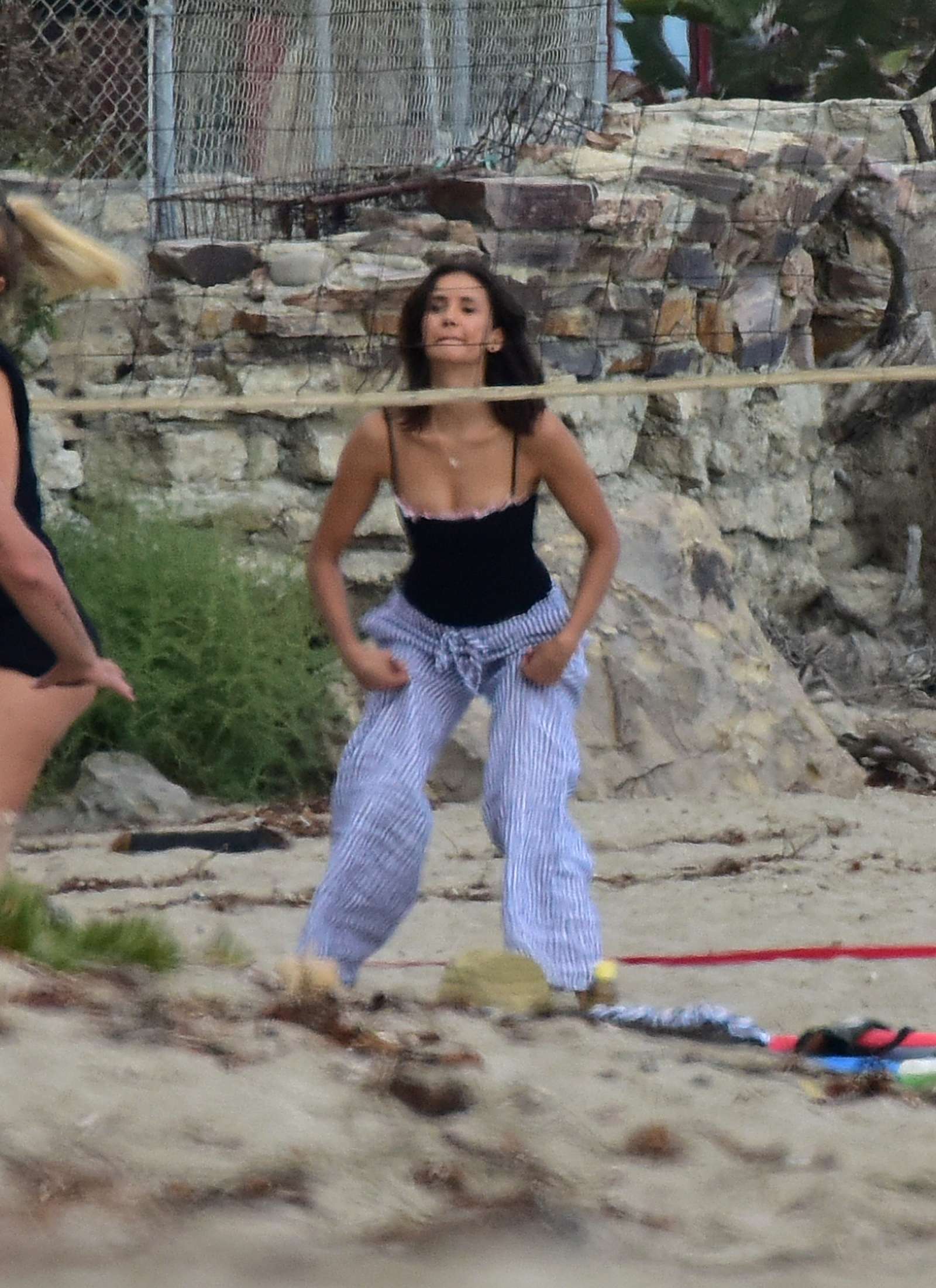 Nina Dobrev in Black Swimsuit â€“ Playing Beach Volleyball in Malibu