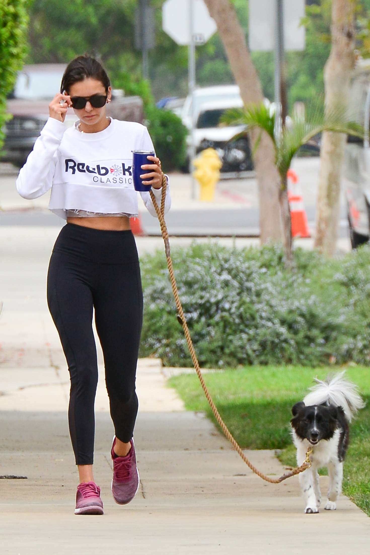 Nina Dobrev in Leggings â€“ With her dog in Los Angeles