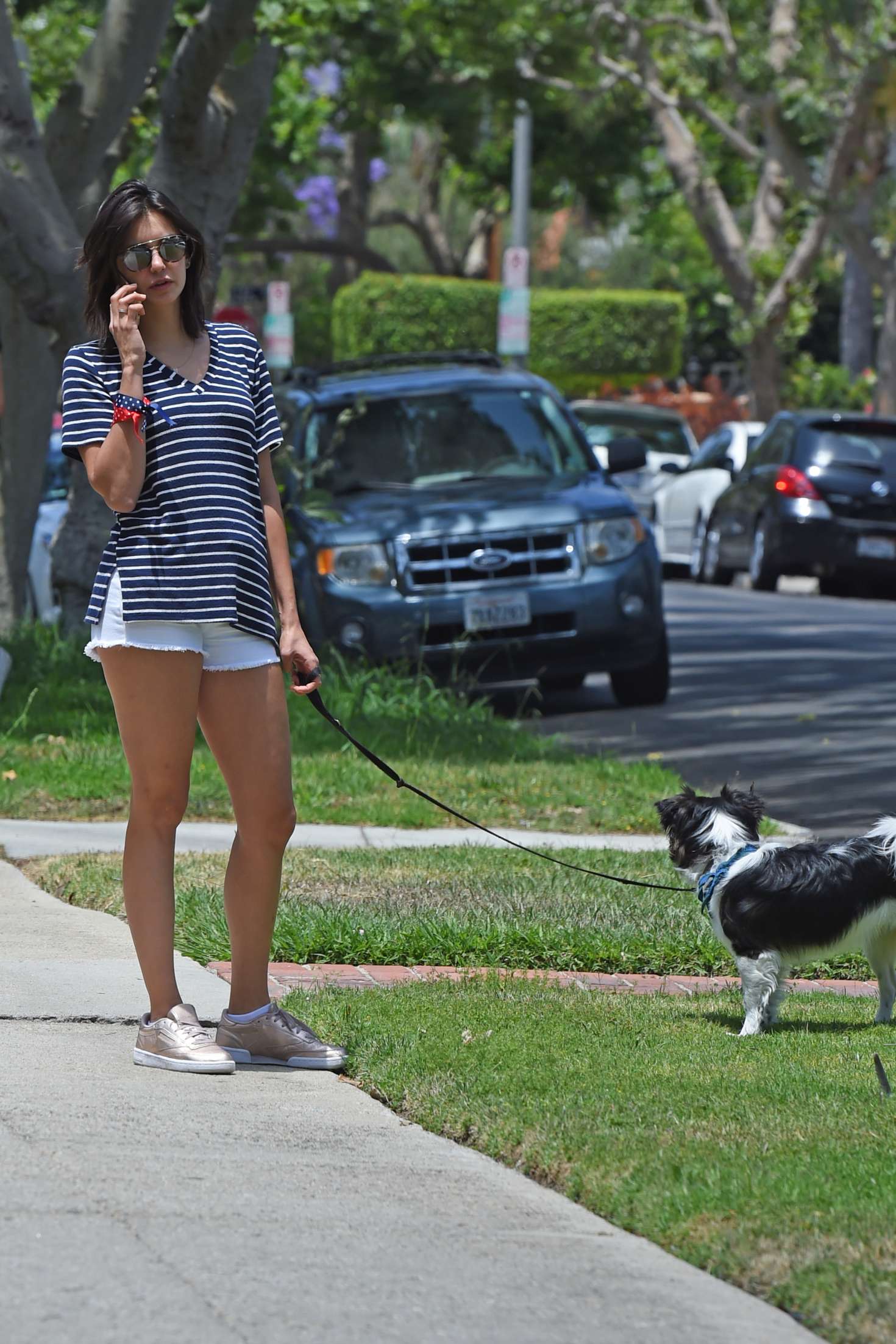 Nina Dobrev in Shorts â€“ Walks her dog Maverick in Los Angeles