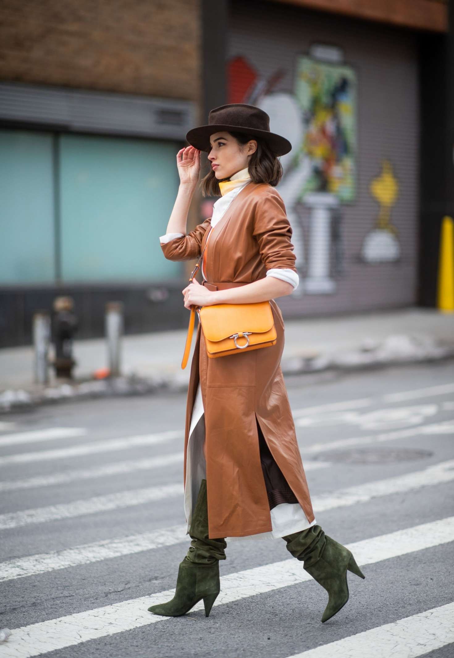 Olivia Culpo in Brown Leather Coat â€“ Out in New York