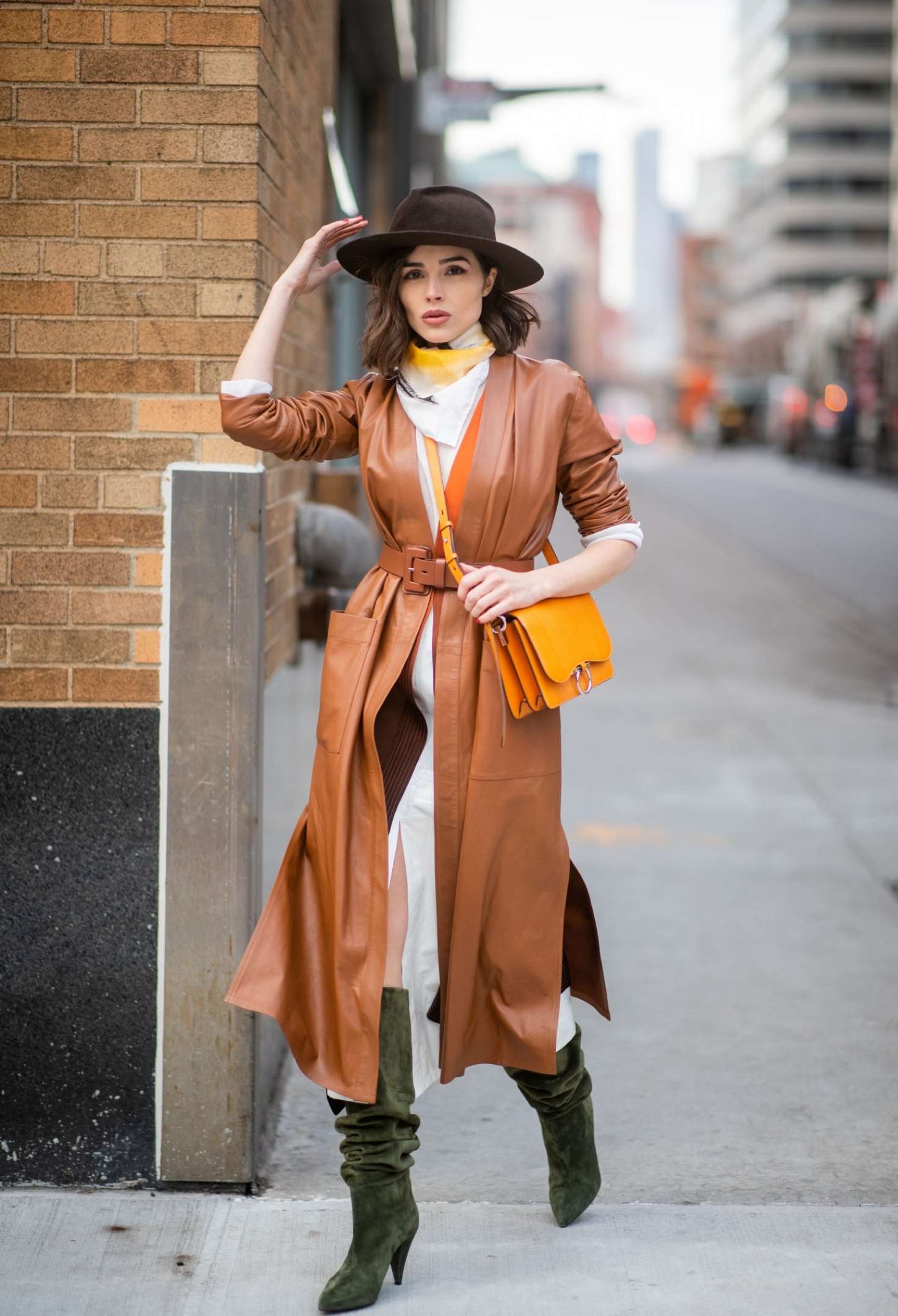 Olivia Culpo in Brown Leather Coat â€“ Out in New York
