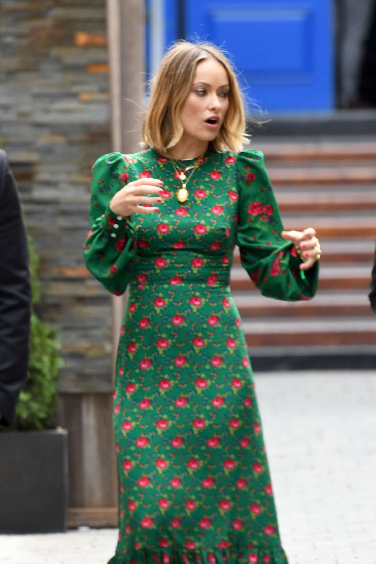 Olivia Wilde in Long Flowing Green Dress â€“ Out in Toronto