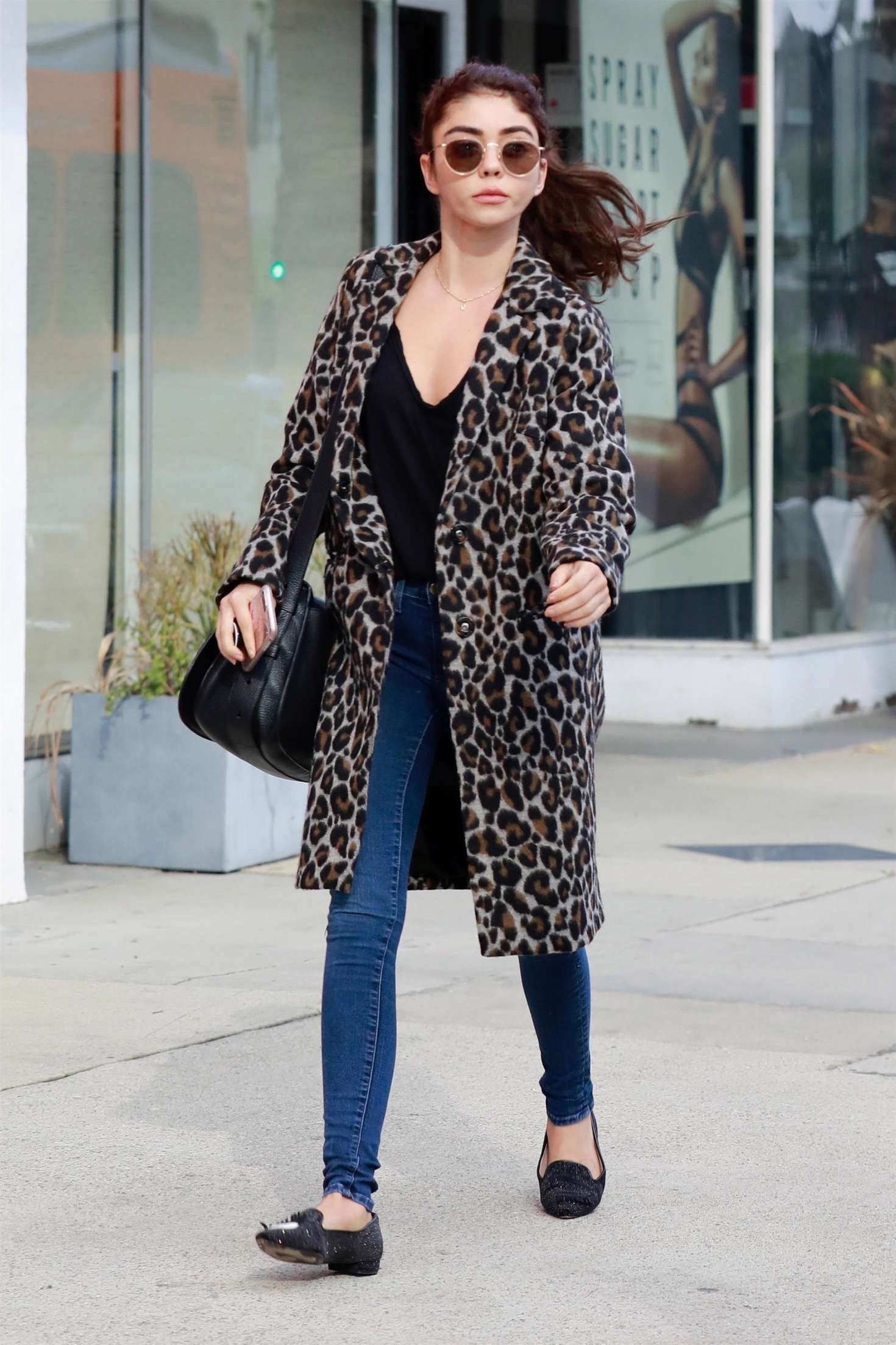 Sarah Hyland in Animal Print Coat â€“ Out in Los Angeles