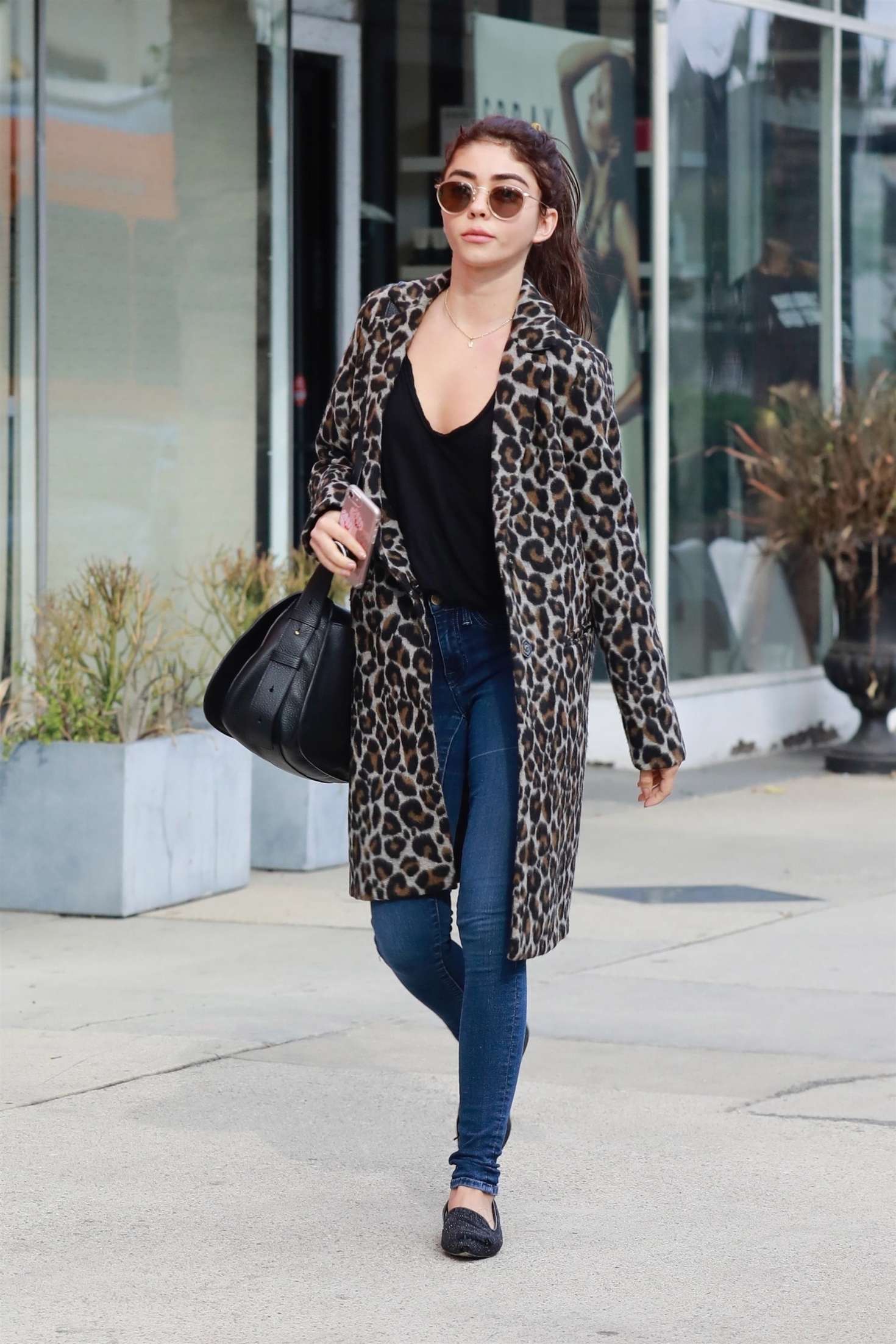 Sarah Hyland in Animal Print Coat â€“ Out in Los Angeles